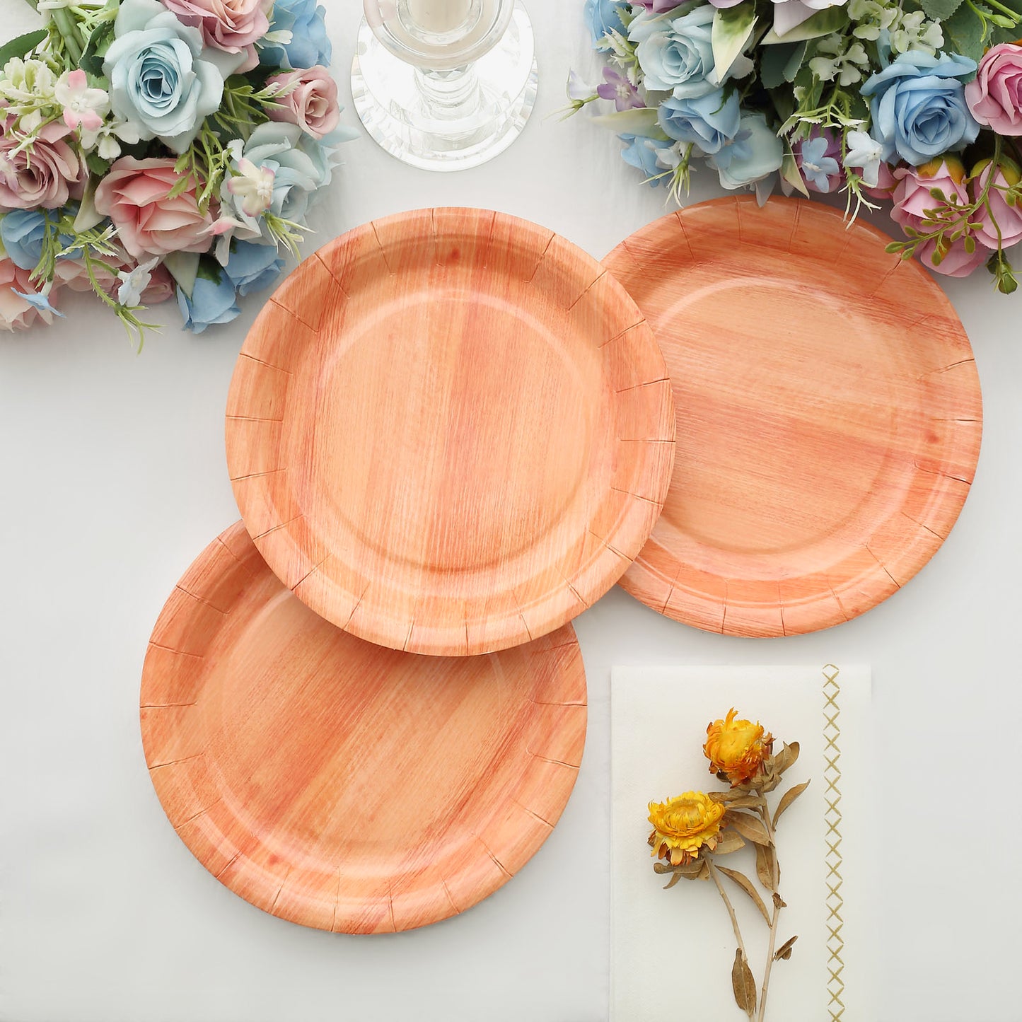 25 Pack | 7" Natural Rustic Wood Grain Disposable Salad Party Plates, Farmhouse Style Paper Appetizer Dessert Plates