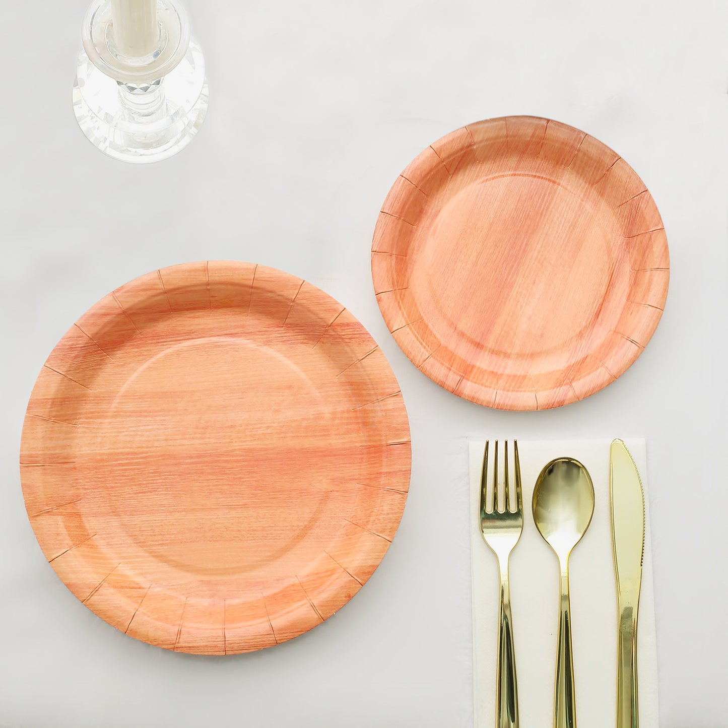 25 Pack | 7" Natural Rustic Wood Grain Disposable Salad Party Plates, Farmhouse Style Paper Appetizer Dessert Plates