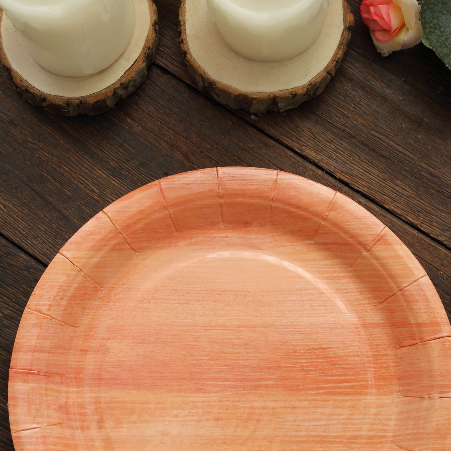 25 Pack | 7" Natural Rustic Wood Grain Disposable Salad Party Plates, Farmhouse Style Paper Appetizer Dessert Plates