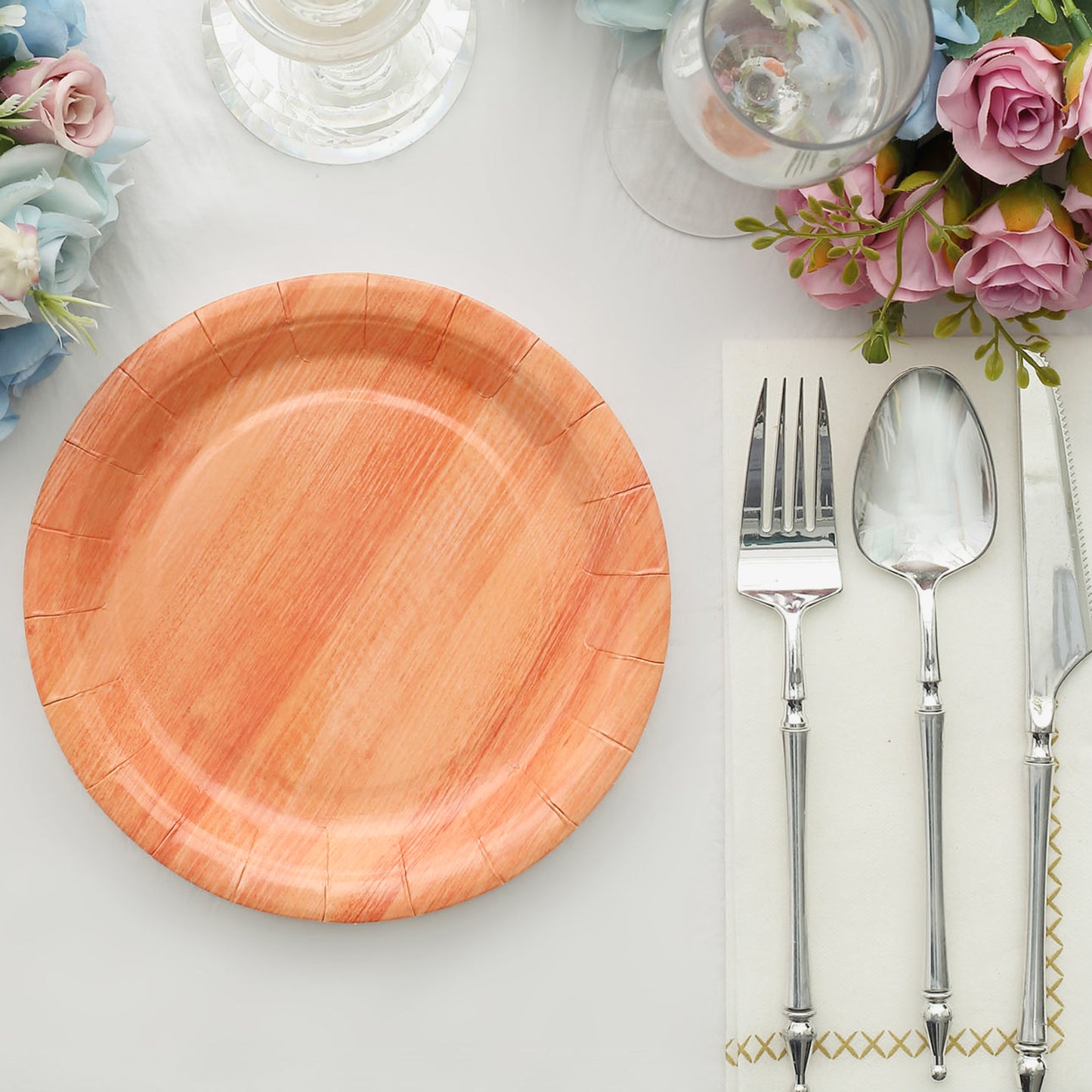 25 Pack | 7" Natural Rustic Wood Grain Disposable Salad Party Plates, Farmhouse Style Paper Appetizer Dessert Plates