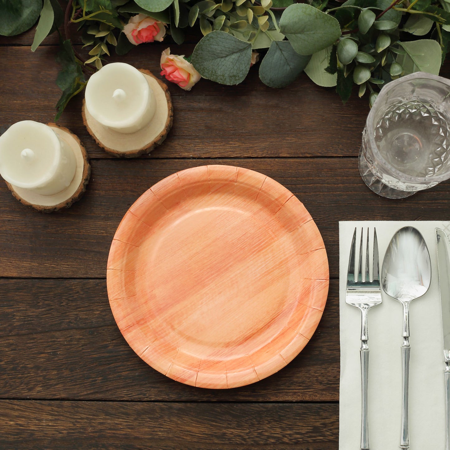 25 Pack | 7" Natural Rustic Wood Grain Disposable Salad Party Plates, Farmhouse Style Paper Appetizer Dessert Plates