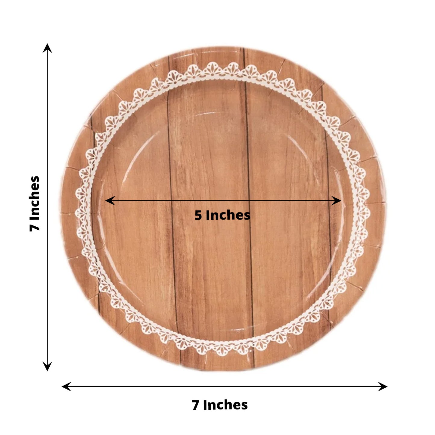 25 Pack White Brown Wood Grain Print Disposable Salad Plates With Floral Lace Rim, 7" Round Paper Appetizer Dessert Plates