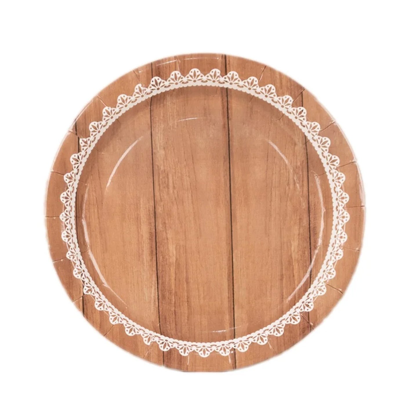 25 Pack White Brown Wood Grain Print Disposable Salad Plates With Floral Lace Rim, 7" Round Paper Appetizer Dessert Plates