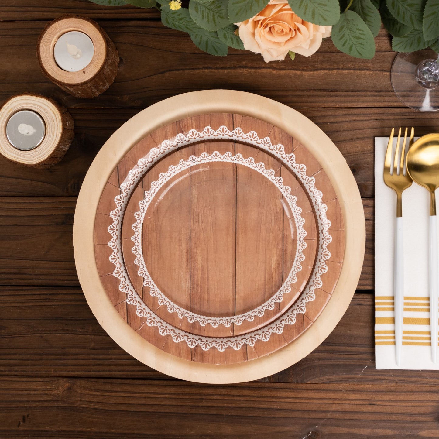 25 Pack White Brown Wood Grain Print Disposable Salad Plates With Floral Lace Rim, 7" Round Paper Appetizer Dessert Plates