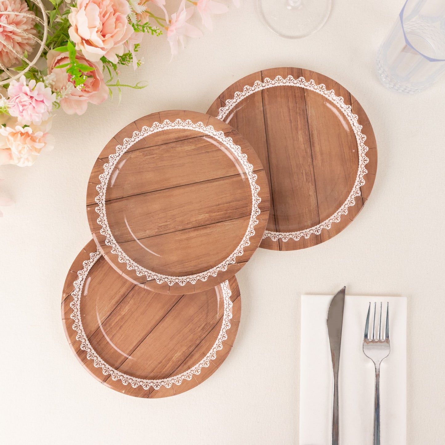 25 Pack White Brown Wood Grain Print Disposable Salad Plates With Floral Lace Rim, 7" Round Paper Appetizer Dessert Plates