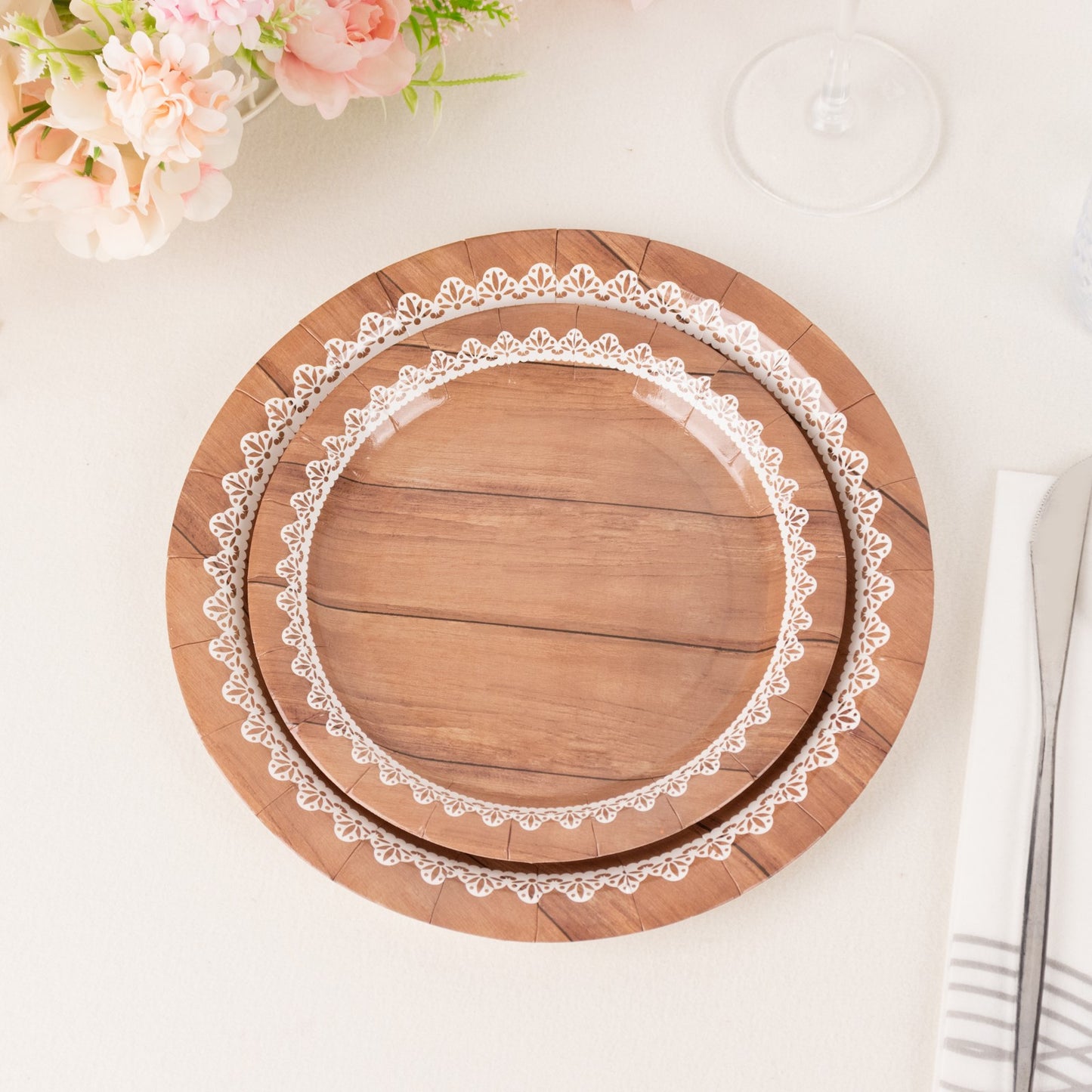 25 Pack White Brown Wood Grain Print Disposable Salad Plates With Floral Lace Rim, 7" Round Paper Appetizer Dessert Plates