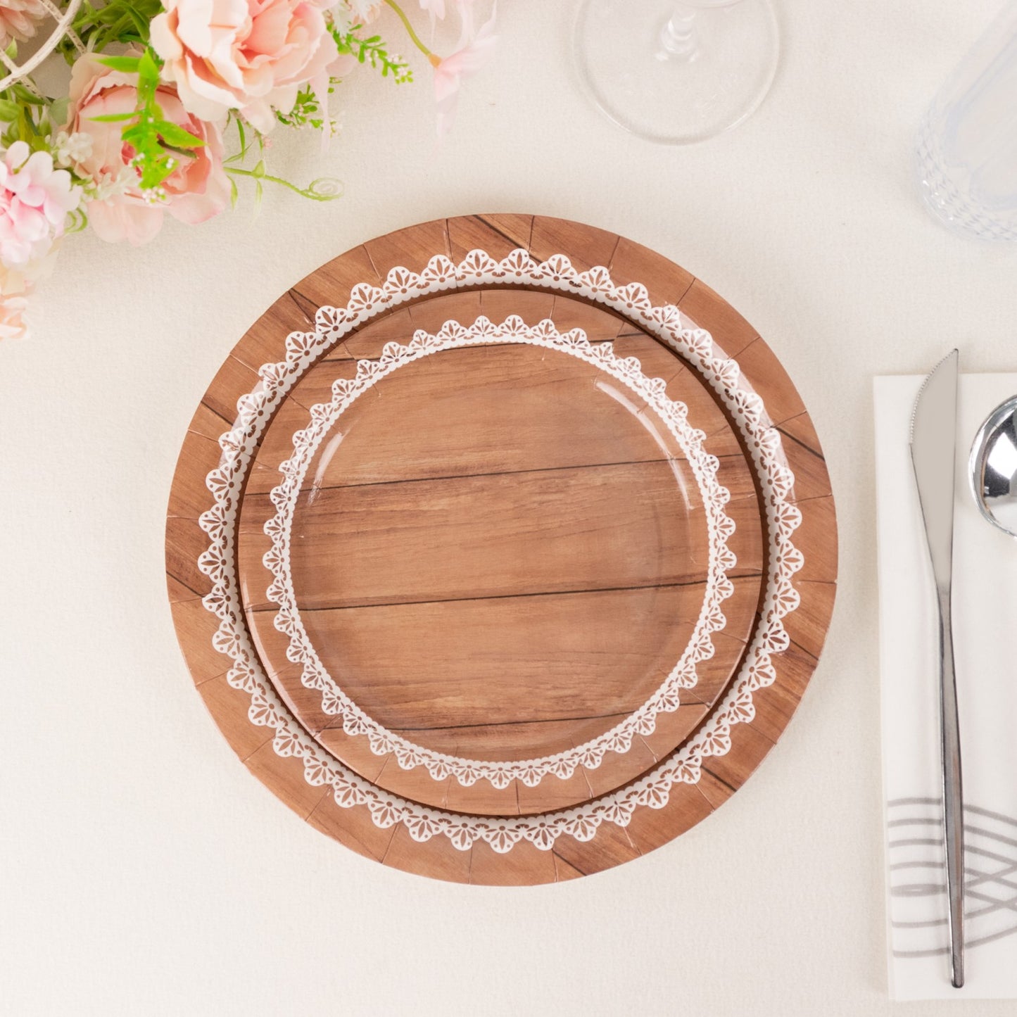 25 Pack White Brown Wood Grain Print Disposable Salad Plates With Floral Lace Rim, 7" Round Paper Appetizer Dessert Plates