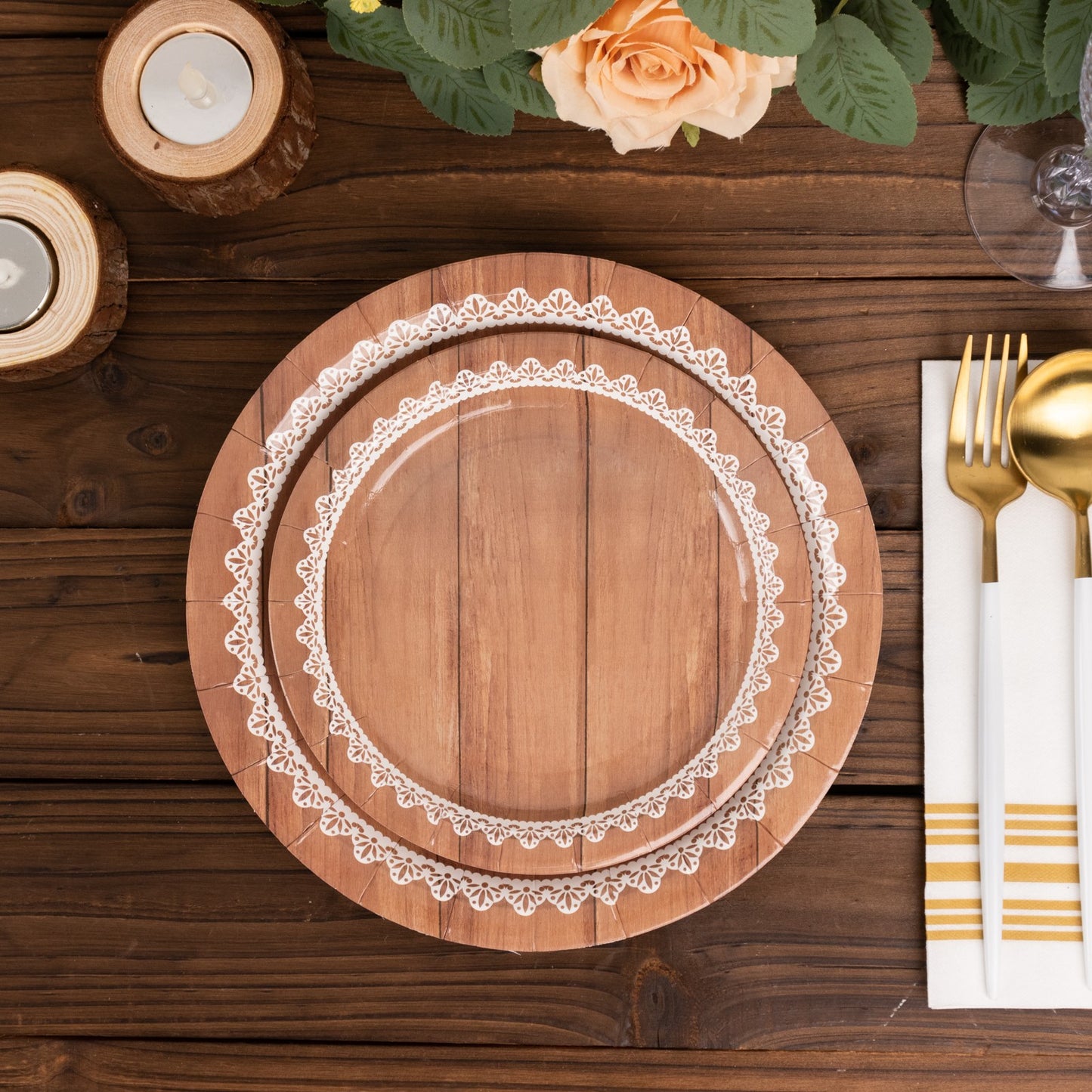 25 Pack White Brown Wood Grain Print Disposable Salad Plates With Floral Lace Rim, 7" Round Paper Appetizer Dessert Plates