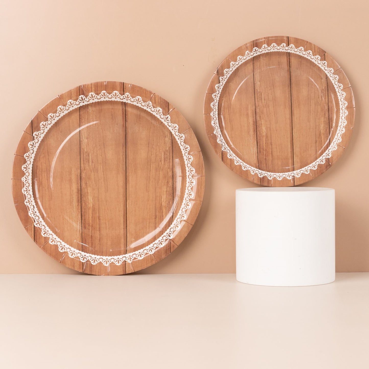 25 Pack White Brown Wood Grain Print Disposable Party Plates With Floral Lace Rim, 9" Round Paper Dinner Plates