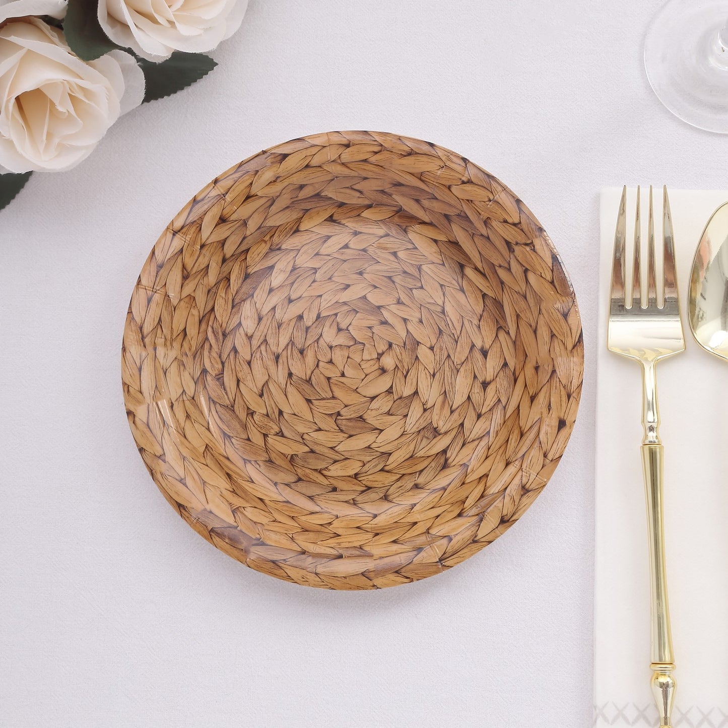 25 Pack Natural Paper Salad Plates With Woven Rattan Print, 7" Round Rustic Farmhouse Disposable Dessert Appetizer Plates - 300 GSM