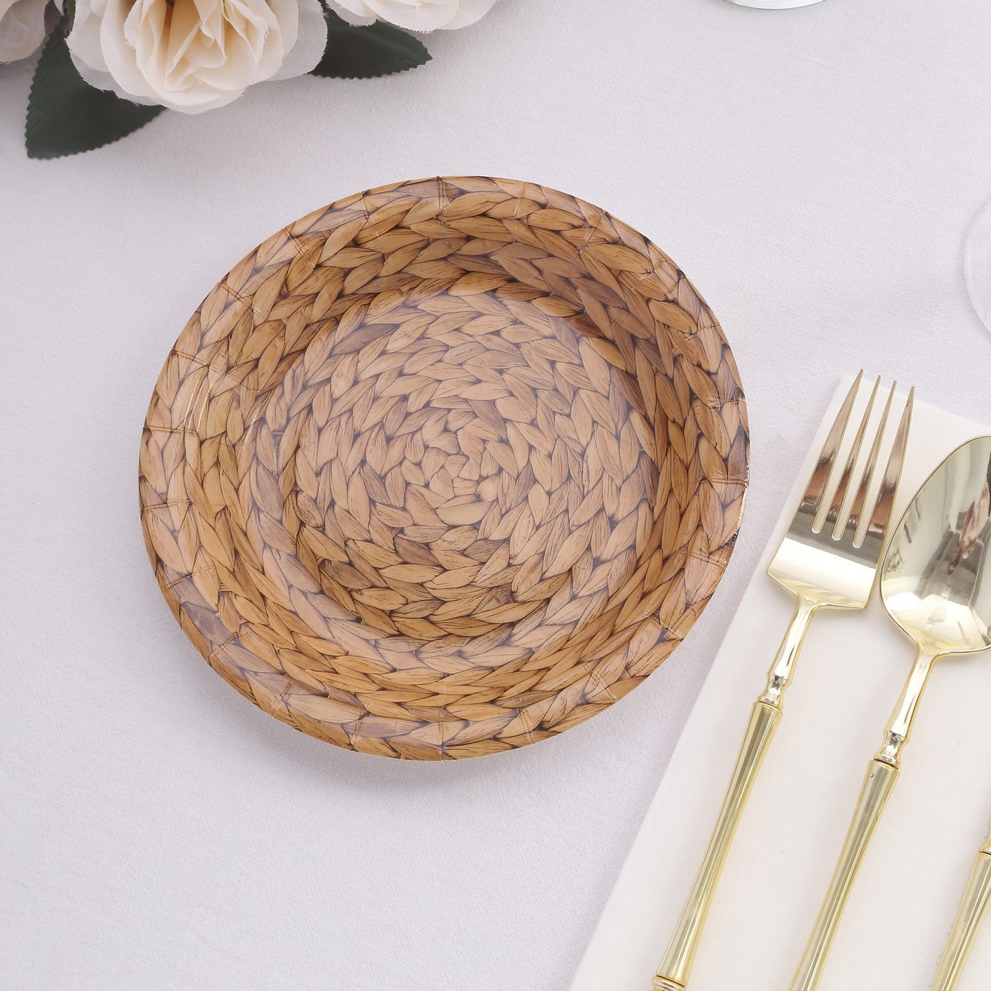 25 Pack Natural Paper Salad Plates With Woven Rattan Print, 7" Round Rustic Farmhouse Disposable Dessert Appetizer Plates - 300 GSM