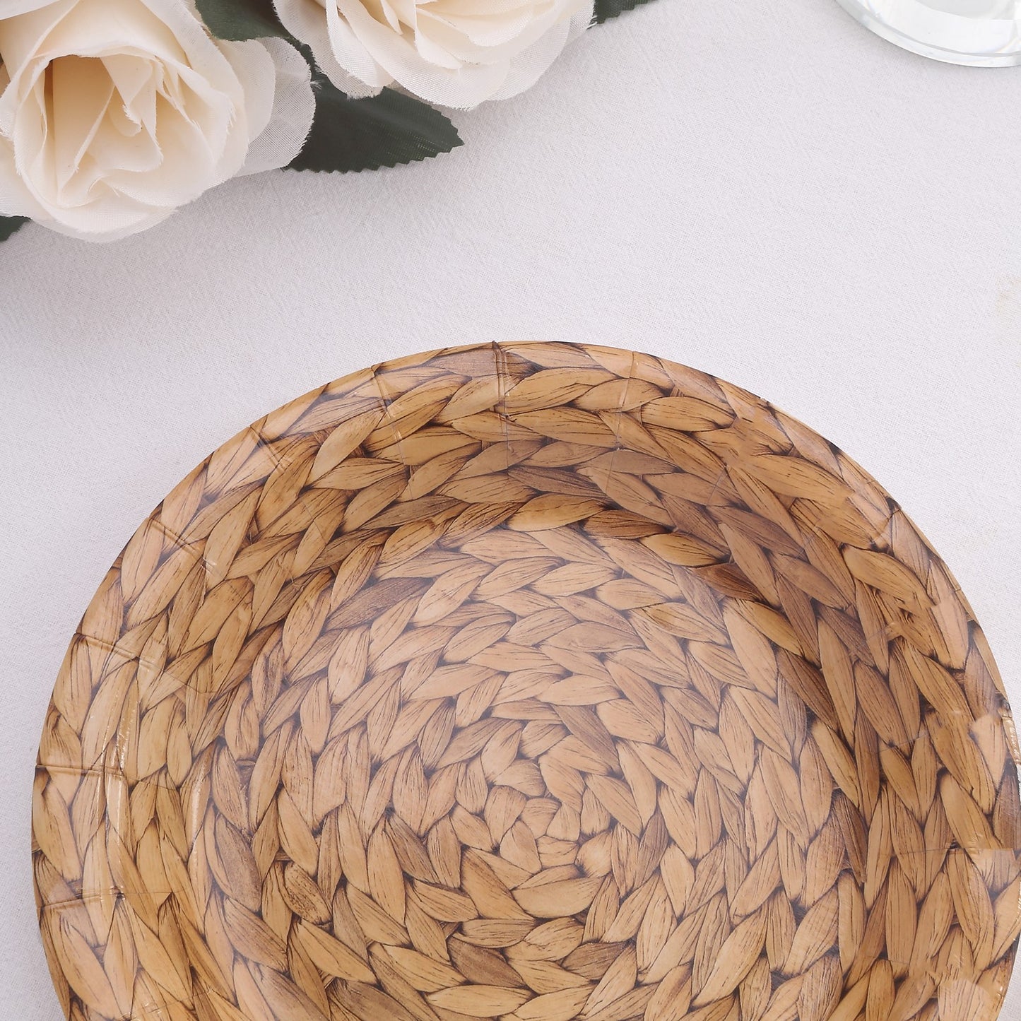 25 Pack Natural Paper Salad Plates With Woven Rattan Print, 7" Round Rustic Farmhouse Disposable Dessert Appetizer Plates - 300 GSM