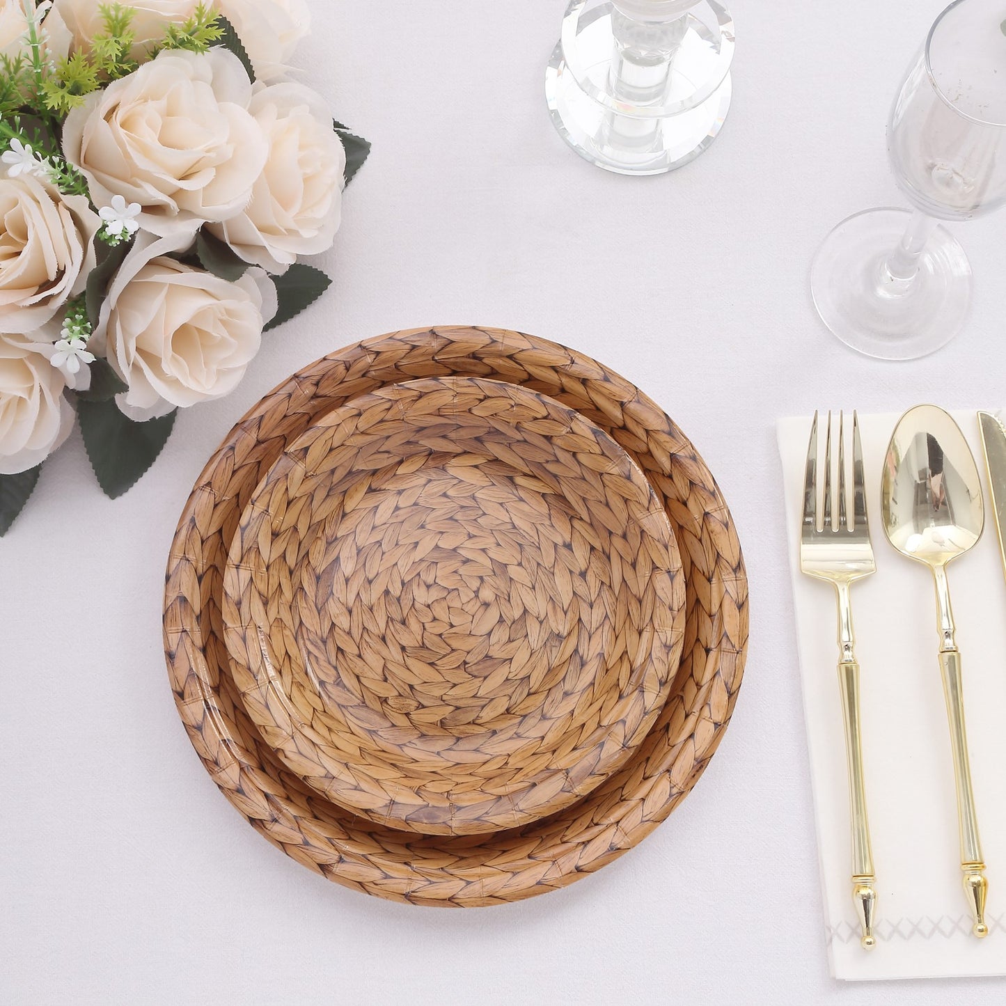 25 Pack Natural Paper Salad Plates With Woven Rattan Print, 7" Round Rustic Farmhouse Disposable Dessert Appetizer Plates - 300 GSM