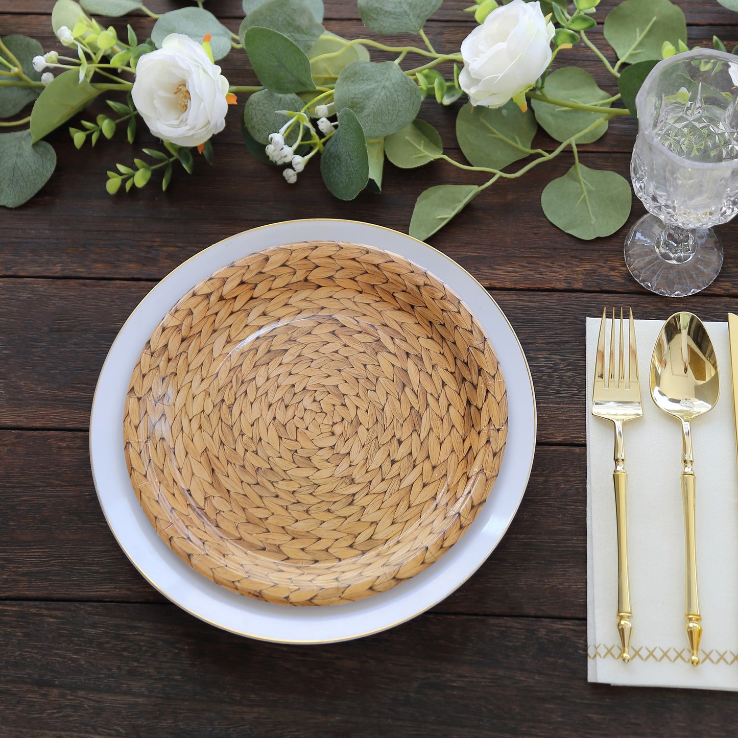 25 Pack Natural Disposable Party Plates With Woven Rattan Print, 9" Round Rustic Farmhouse Paper Dinner Plates - 300 GSM