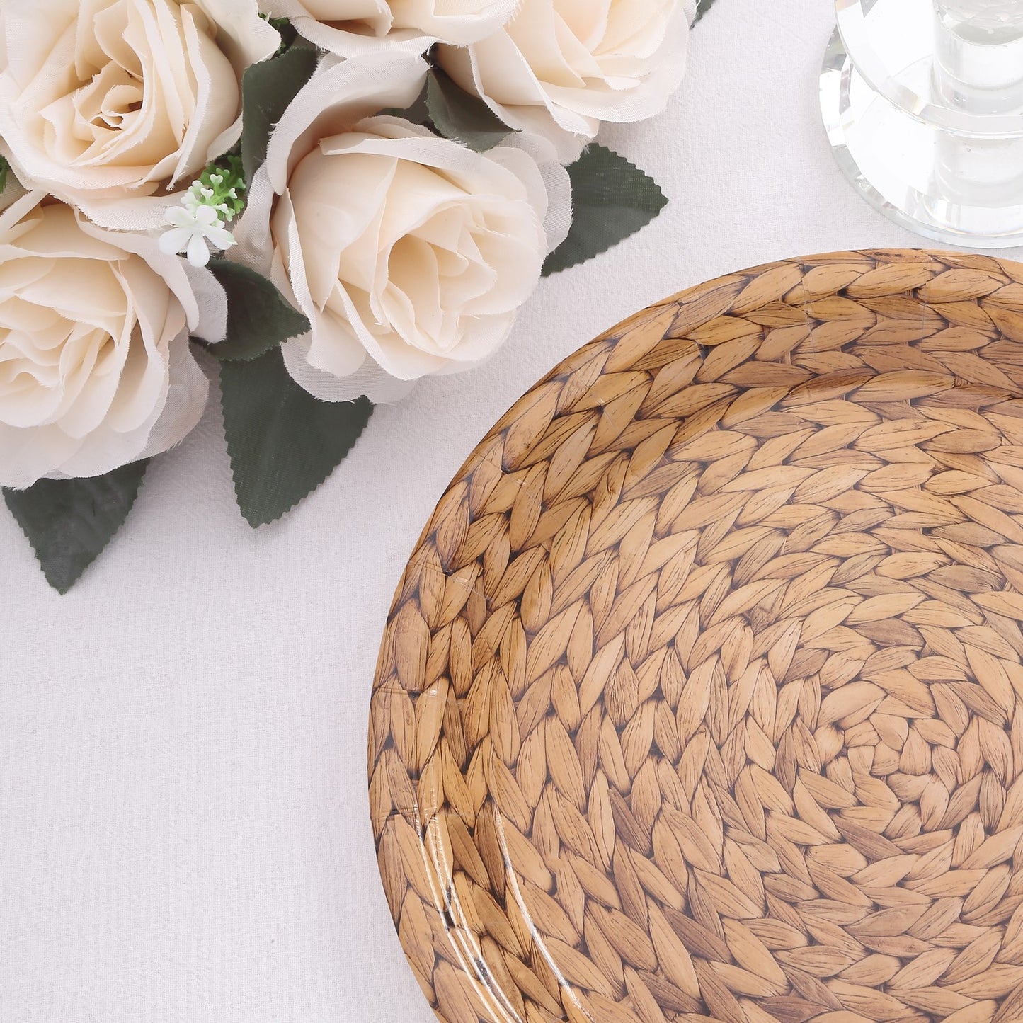 25 Pack Natural Disposable Party Plates With Woven Rattan Print, 9" Round Rustic Farmhouse Paper Dinner Plates - 300 GSM