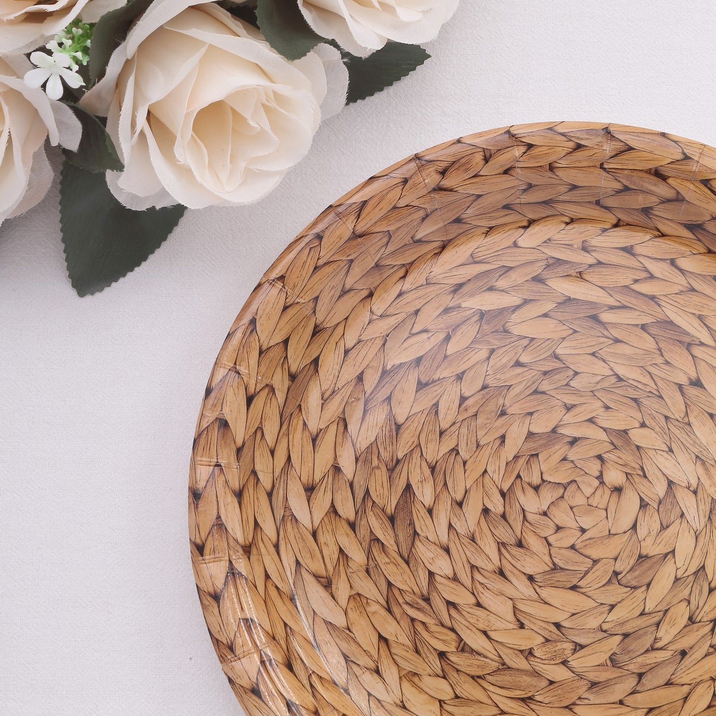 25 Pack Natural Disposable Party Plates With Woven Rattan Print, 9" Round Rustic Farmhouse Paper Dinner Plates - 300 GSM