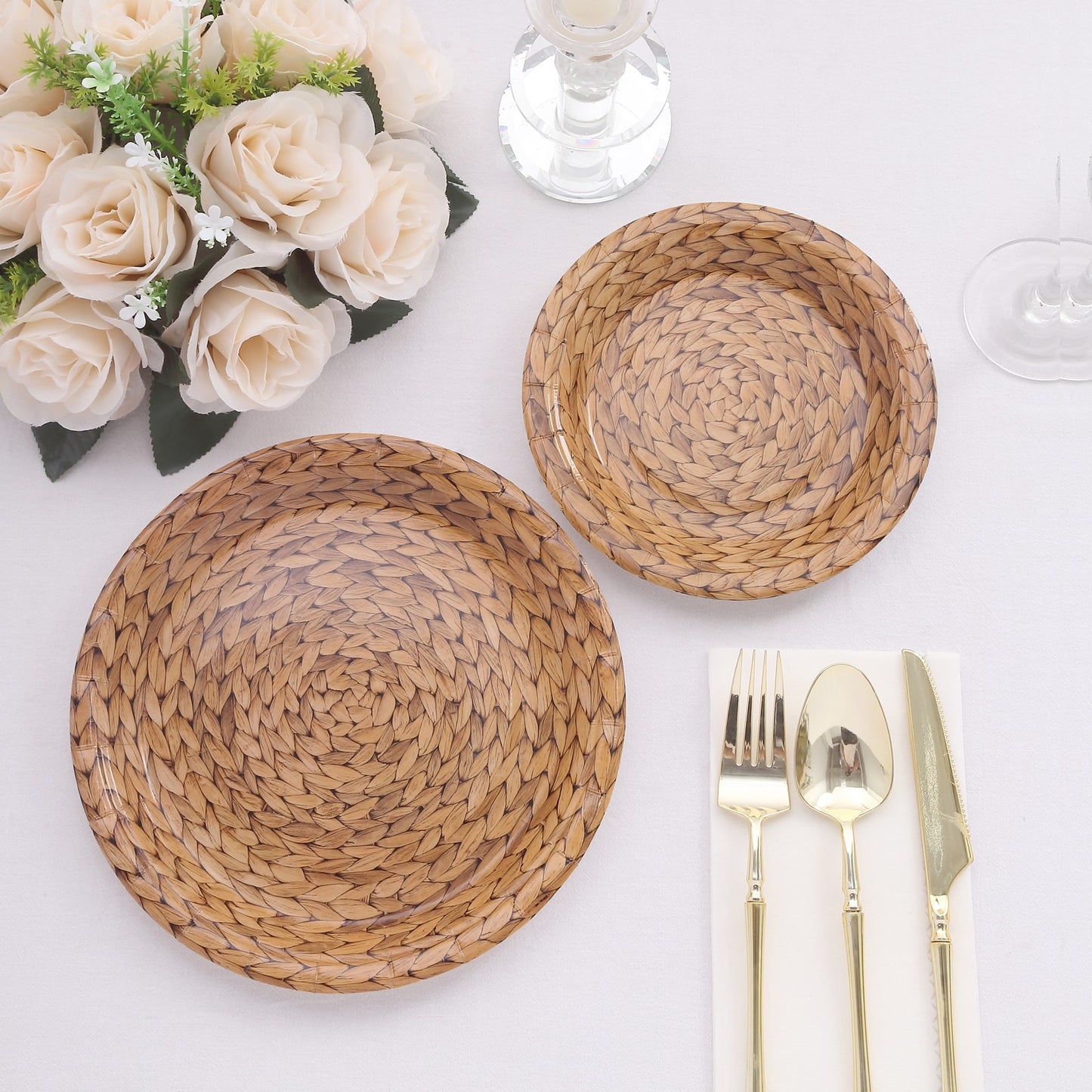 25 Pack Natural Disposable Party Plates With Woven Rattan Print, 9" Round Rustic Farmhouse Paper Dinner Plates - 300 GSM