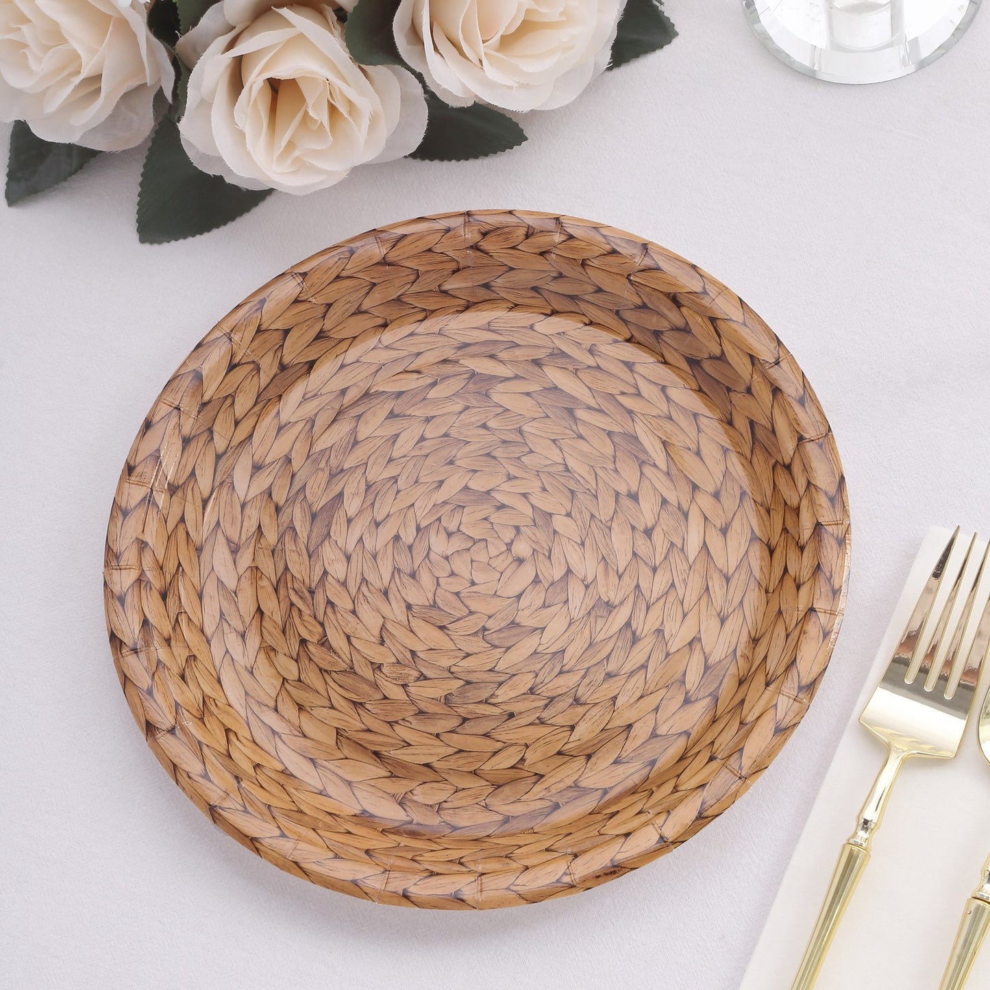 25 Pack Natural Disposable Party Plates With Woven Rattan Print, 9" Round Rustic Farmhouse Paper Dinner Plates - 300 GSM