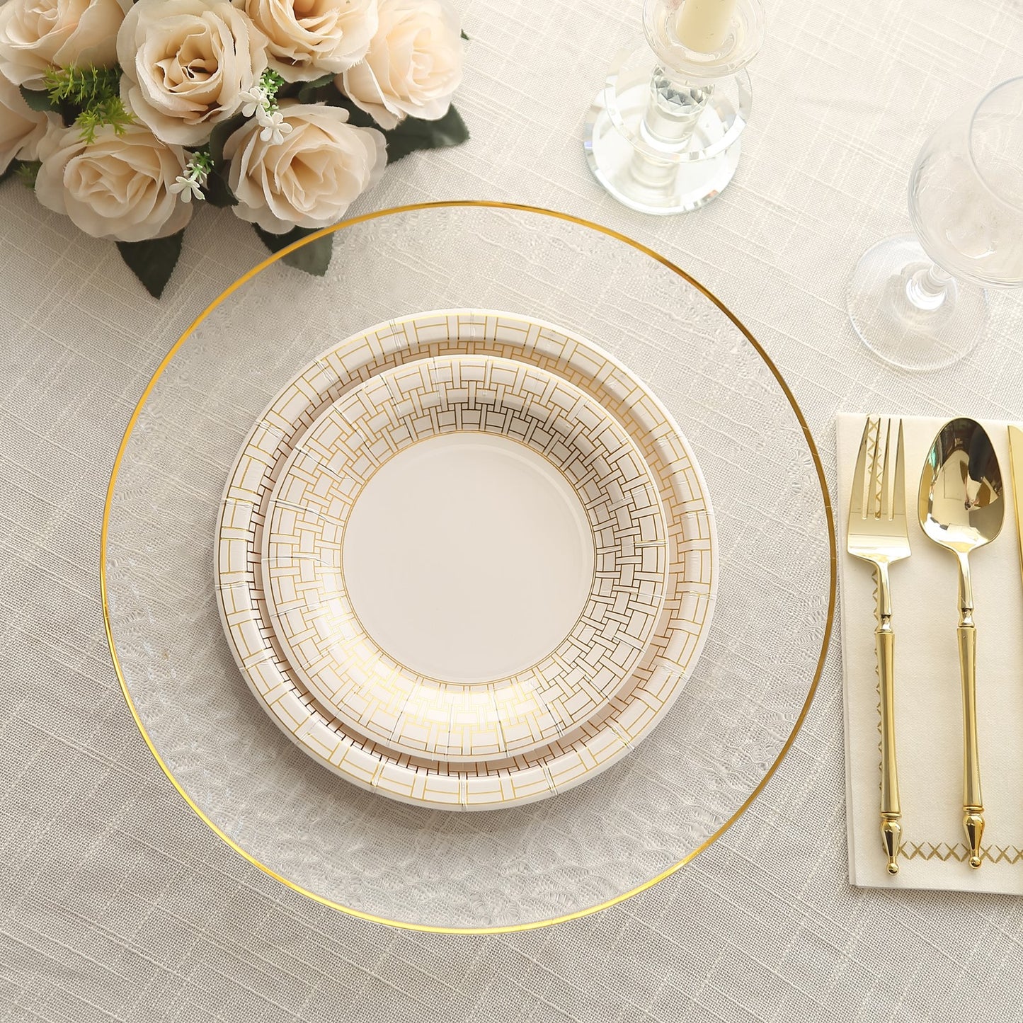 25 Pack White Disposable Salad Plates With Gold Basketweave Pattern Rim, 7" Round Appetizer Dessert Paper Plates