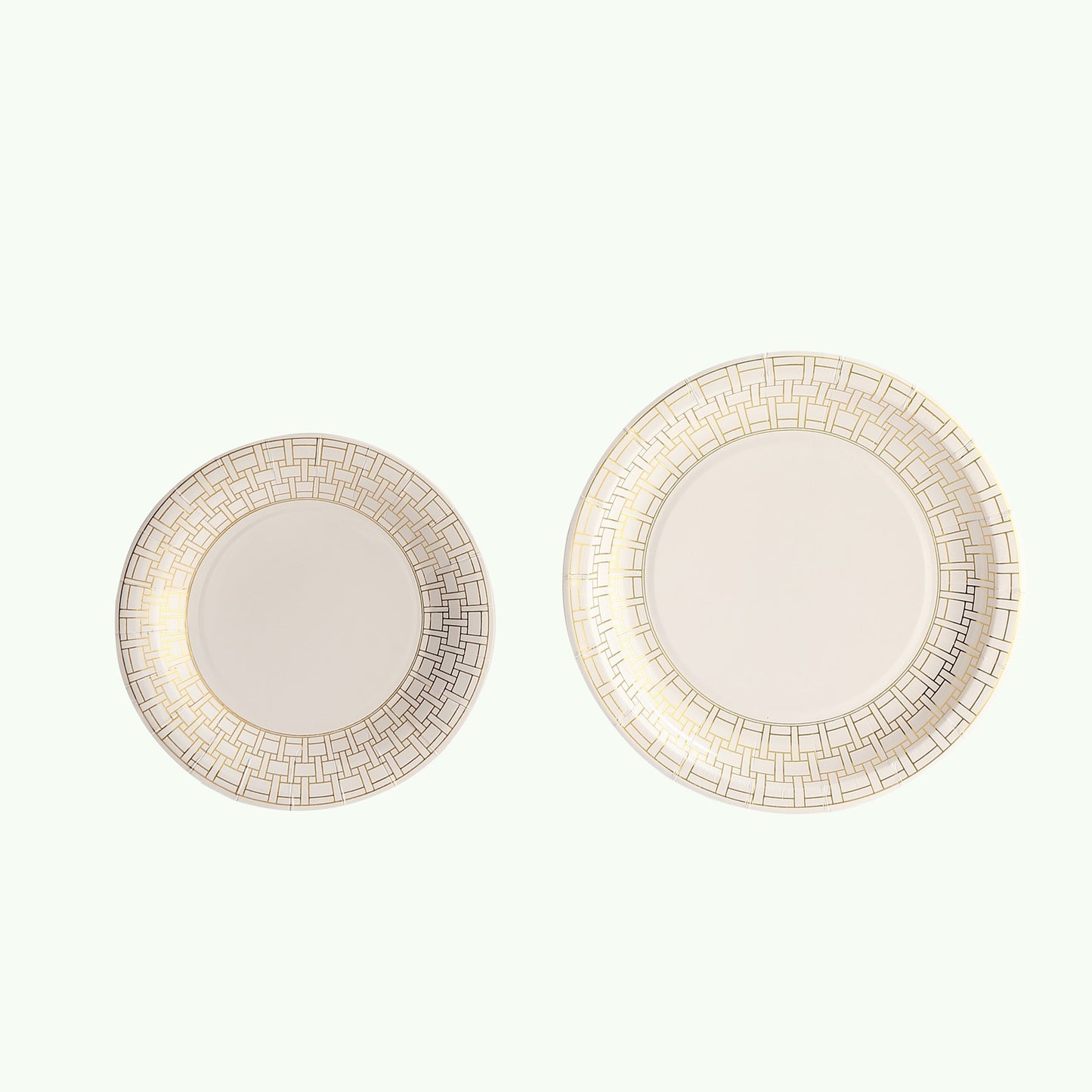 25 Pack White Disposable Salad Plates With Gold Basketweave Pattern Rim, 7" Round Appetizer Dessert Paper Plates