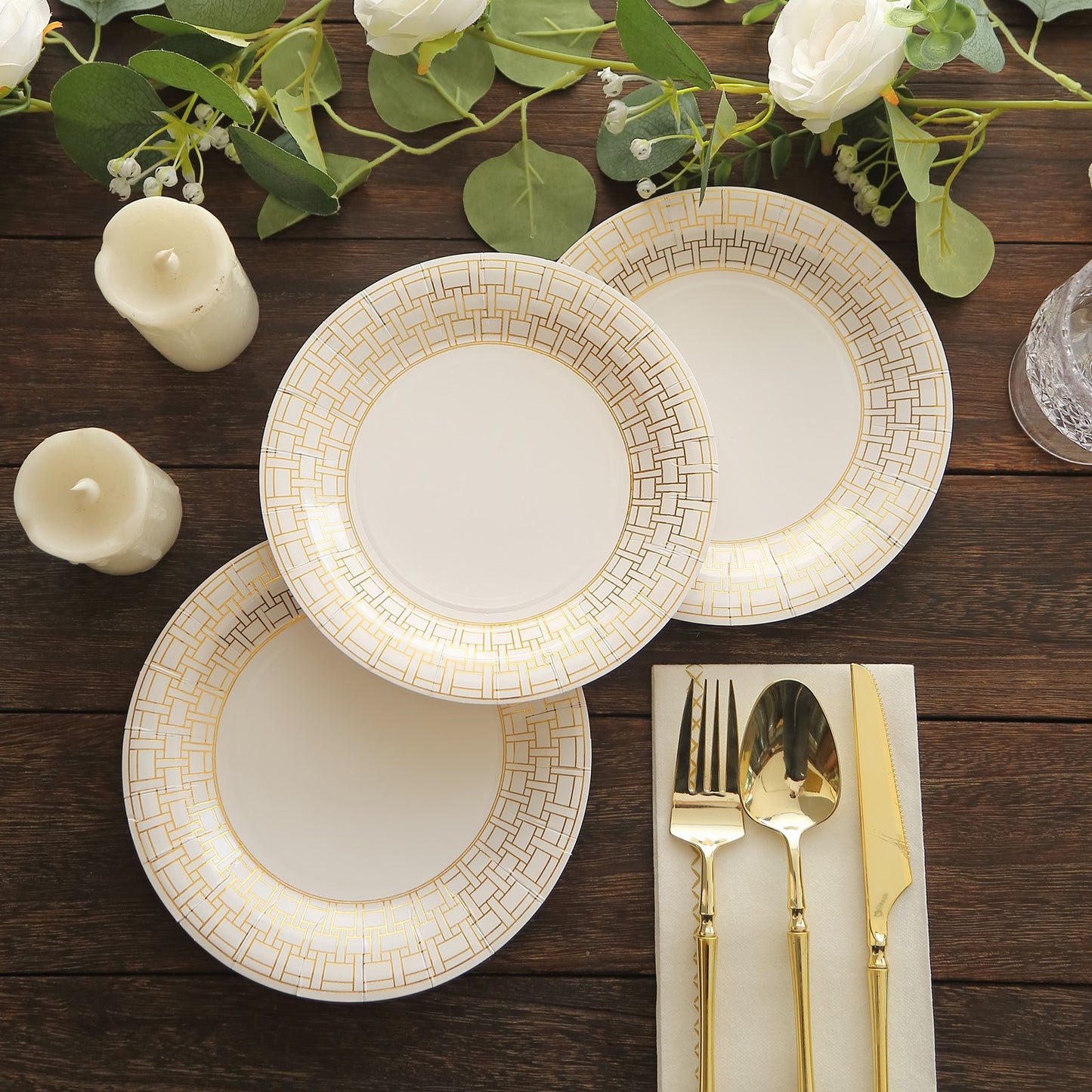 25 Pack White Disposable Salad Plates With Gold Basketweave Pattern Rim, 7" Round Appetizer Dessert Paper Plates