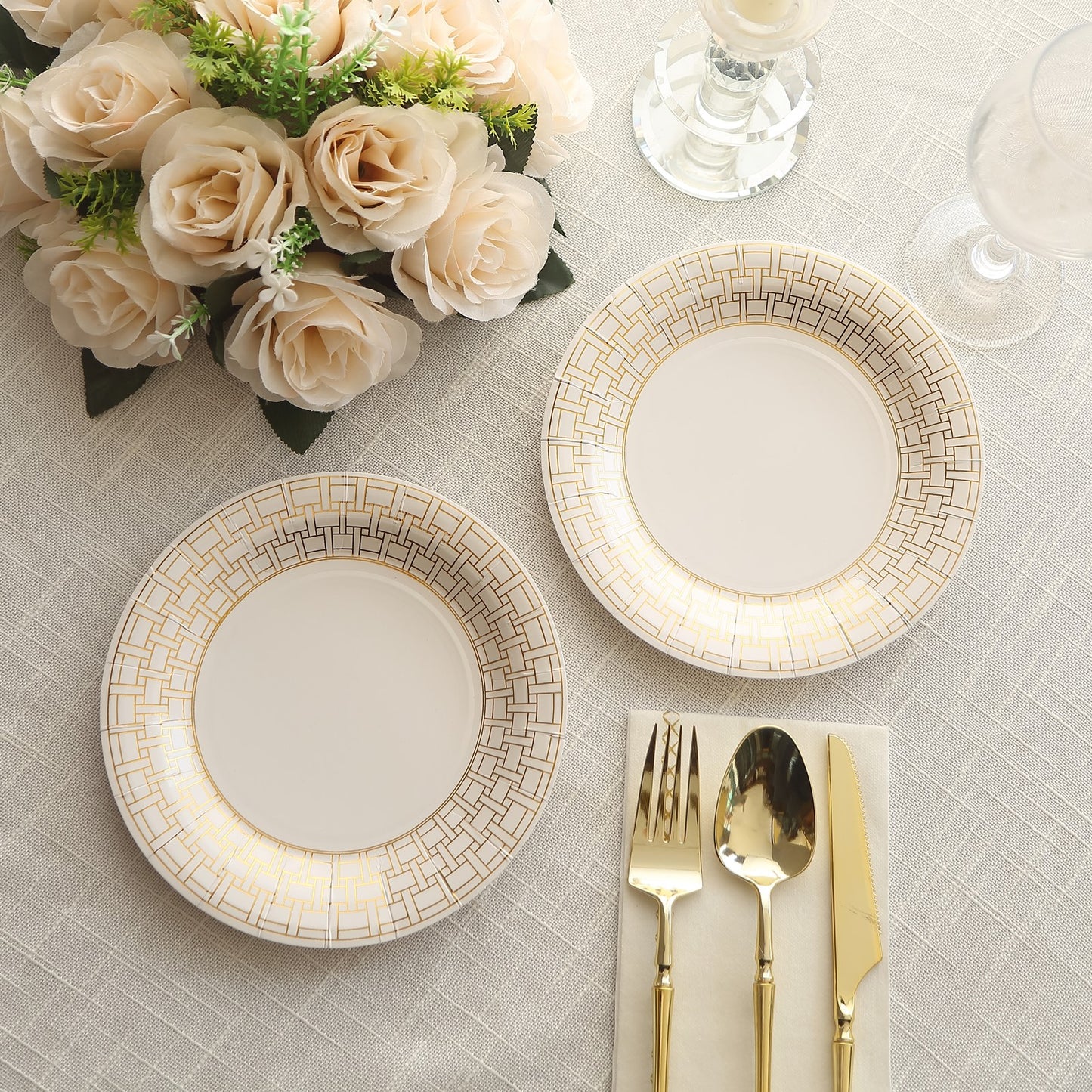 25 Pack White Disposable Salad Plates With Gold Basketweave Pattern Rim, 7" Round Appetizer Dessert Paper Plates