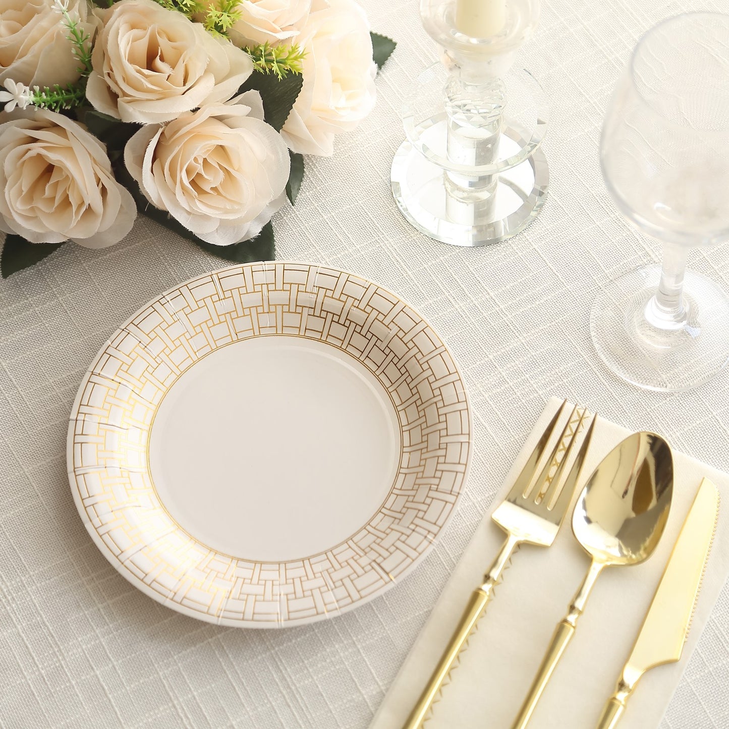 25 Pack White Disposable Salad Plates With Gold Basketweave Pattern Rim, 7" Round Appetizer Dessert Paper Plates