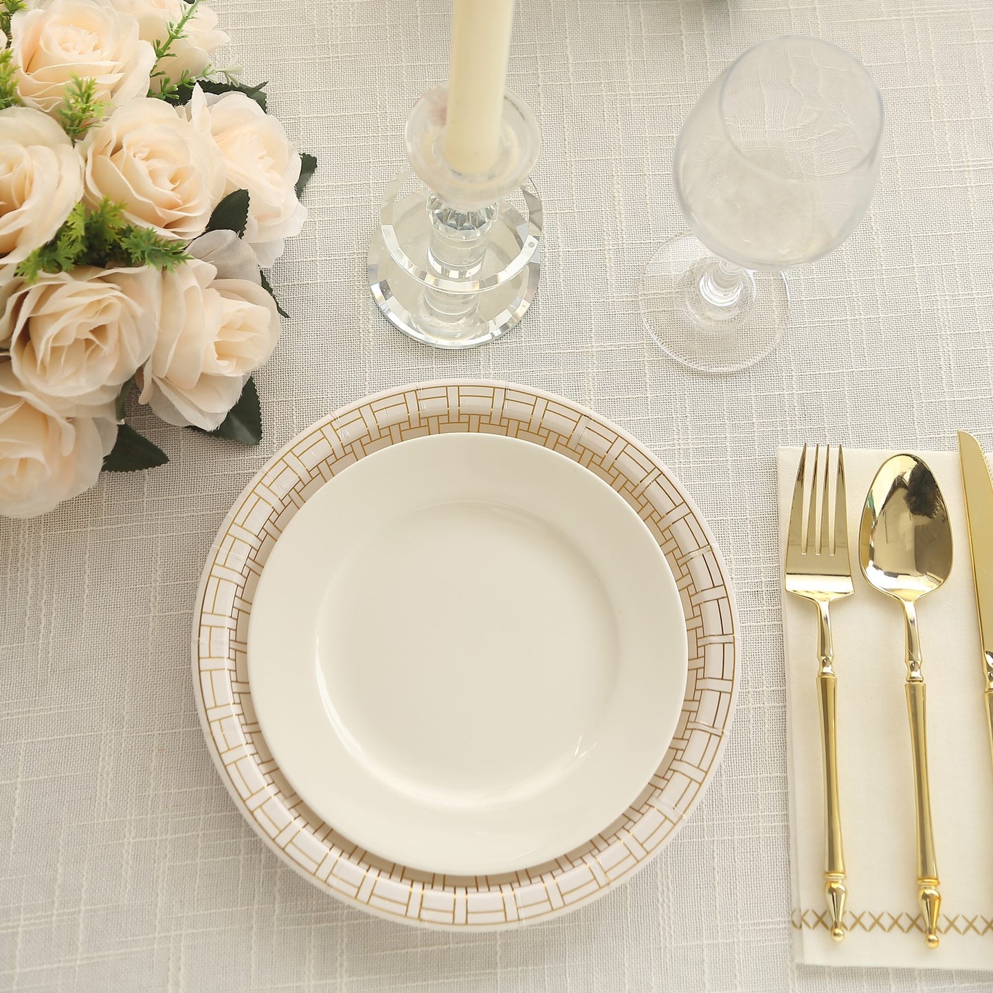 25 Pack White Disposable Party Plates With Gold Basketweave Pattern Rim, 9" Round Dinner Paper Plates