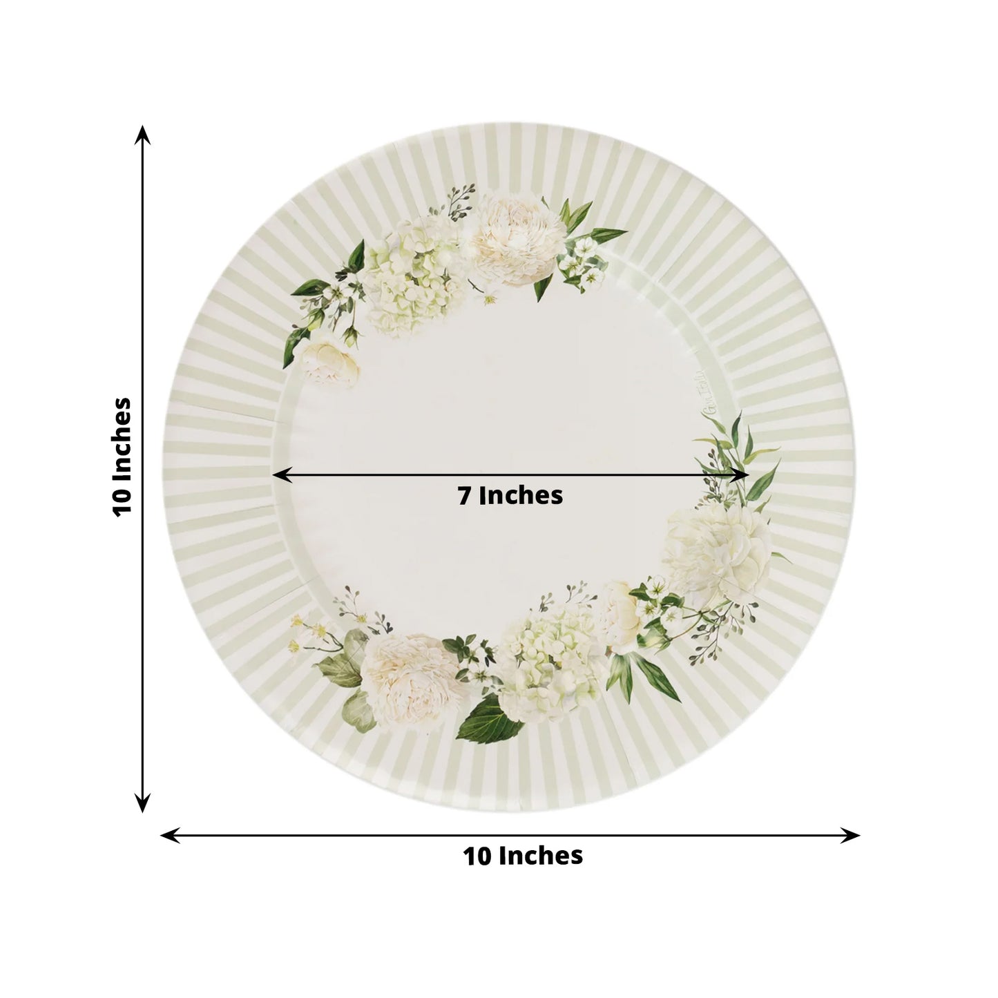 25 Pack White Sage Green Party Paper Plates with Floral Lined Rim, Disposable Dinner Plates - 10"