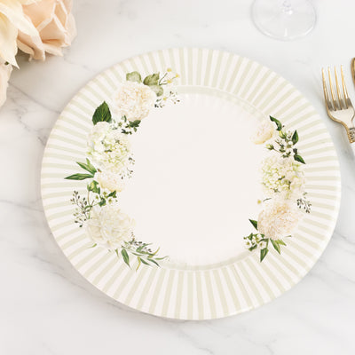 Beautiful White Sage Green Dinner Paper Plates with Floral Lined Rim