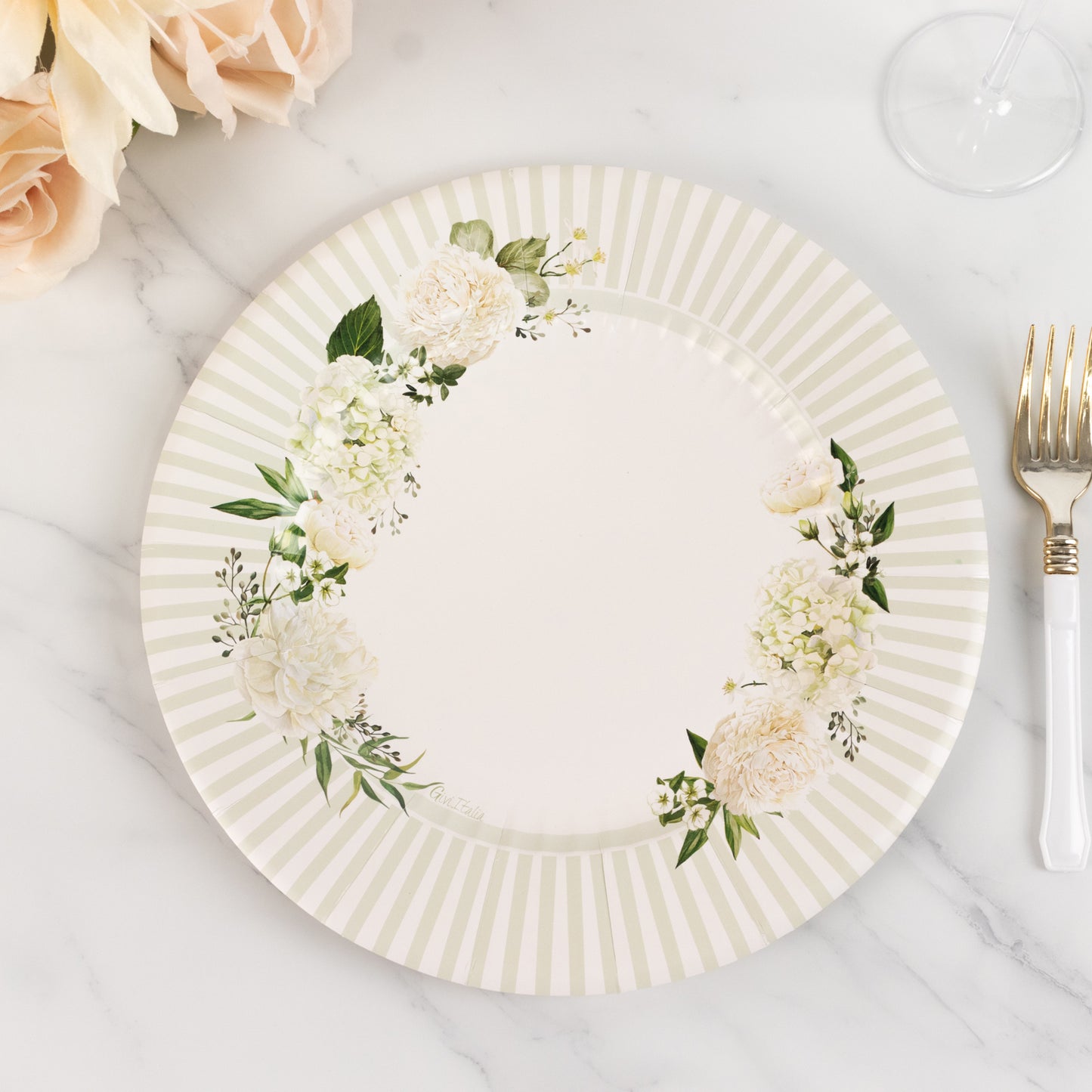 25 Pack White Sage Green Party Paper Plates with Floral Lined Rim, Disposable Dinner Plates - 10"