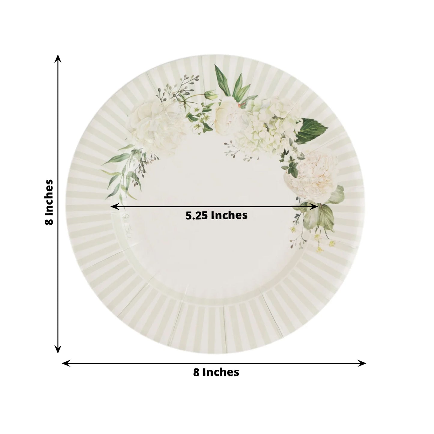 25 Pack White Sage Green Salad Paper Plates with Floral Lined Rim, Disposable Appetizer Dessert Plates - 8"