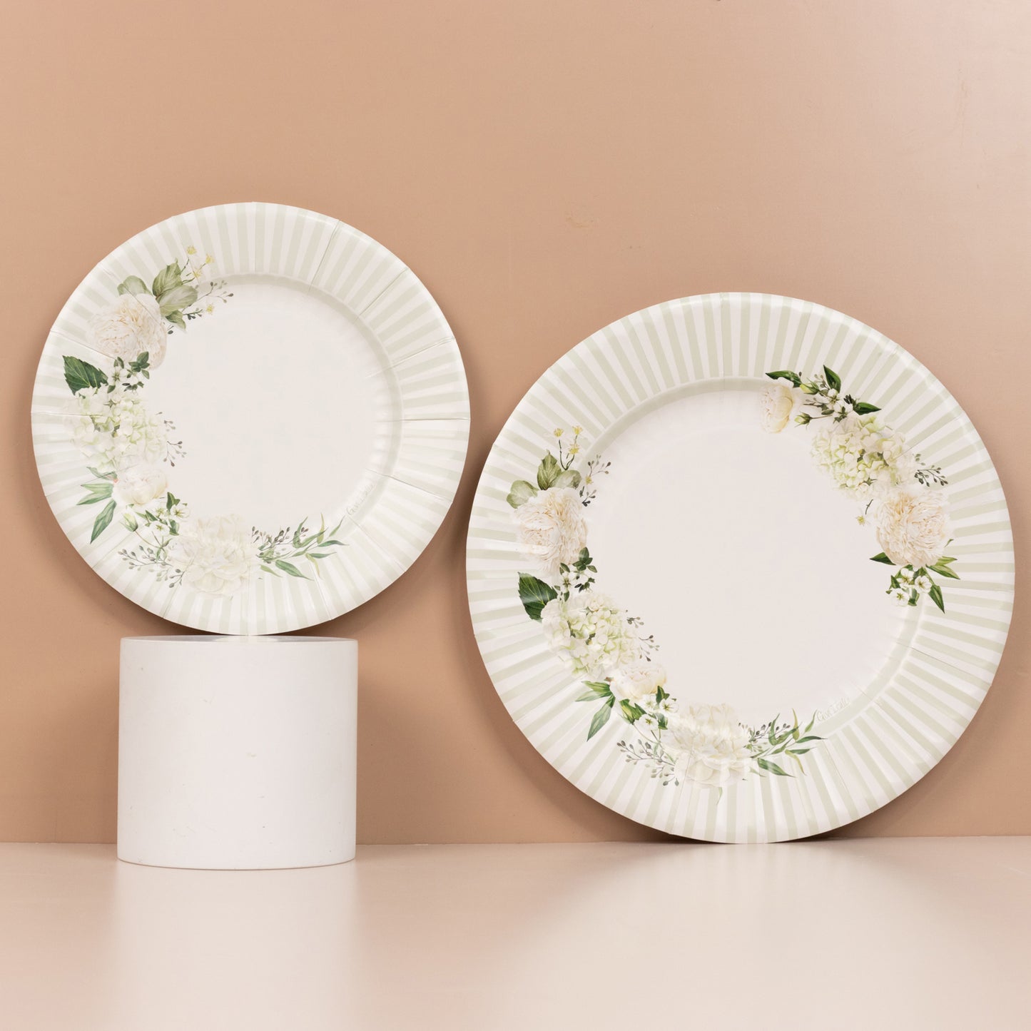 25 Pack White Sage Green Salad Paper Plates with Floral Lined Rim, Disposable Appetizer Dessert Plates - 8"