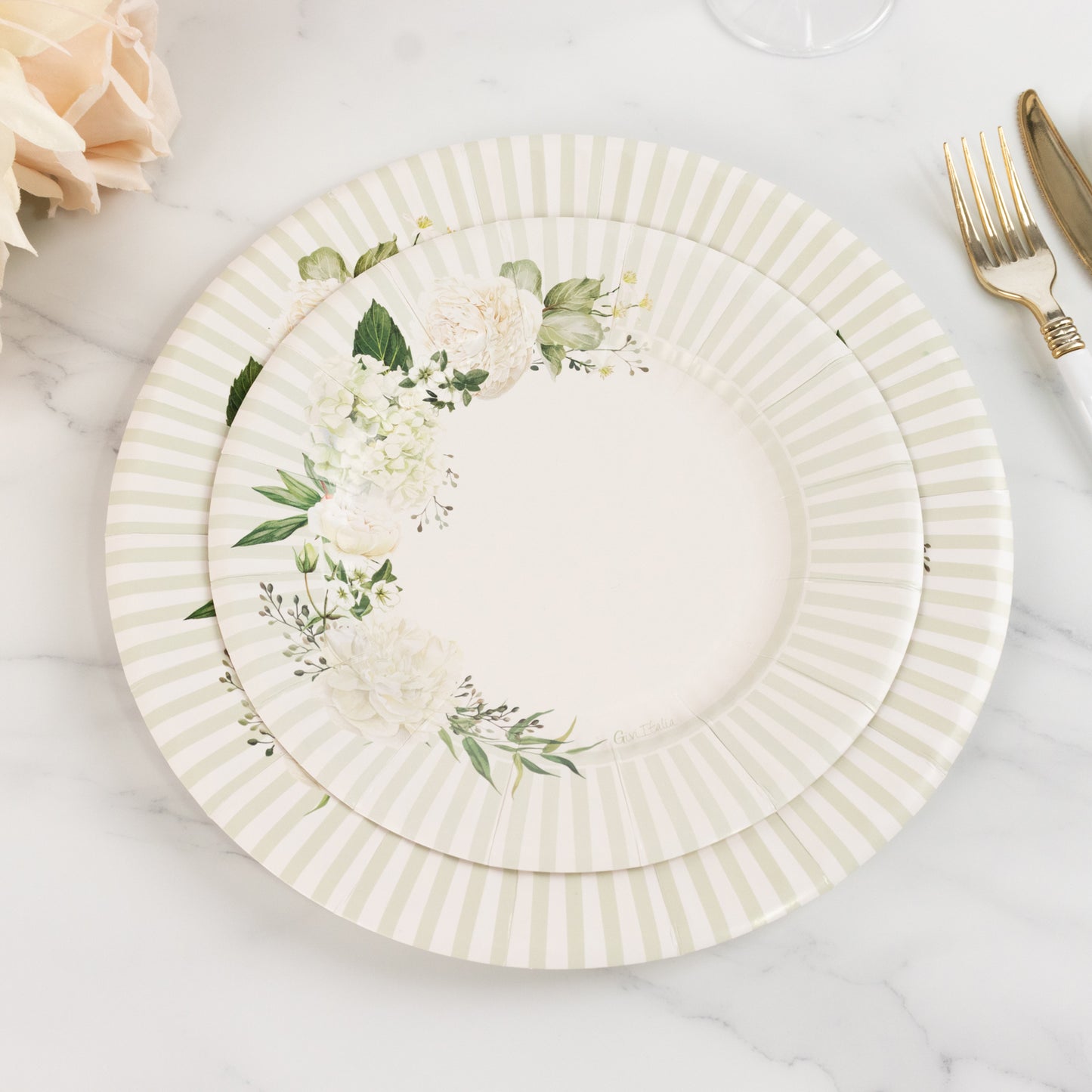 25 Pack White Sage Green Salad Paper Plates with Floral Lined Rim, Disposable Appetizer Dessert Plates - 8"