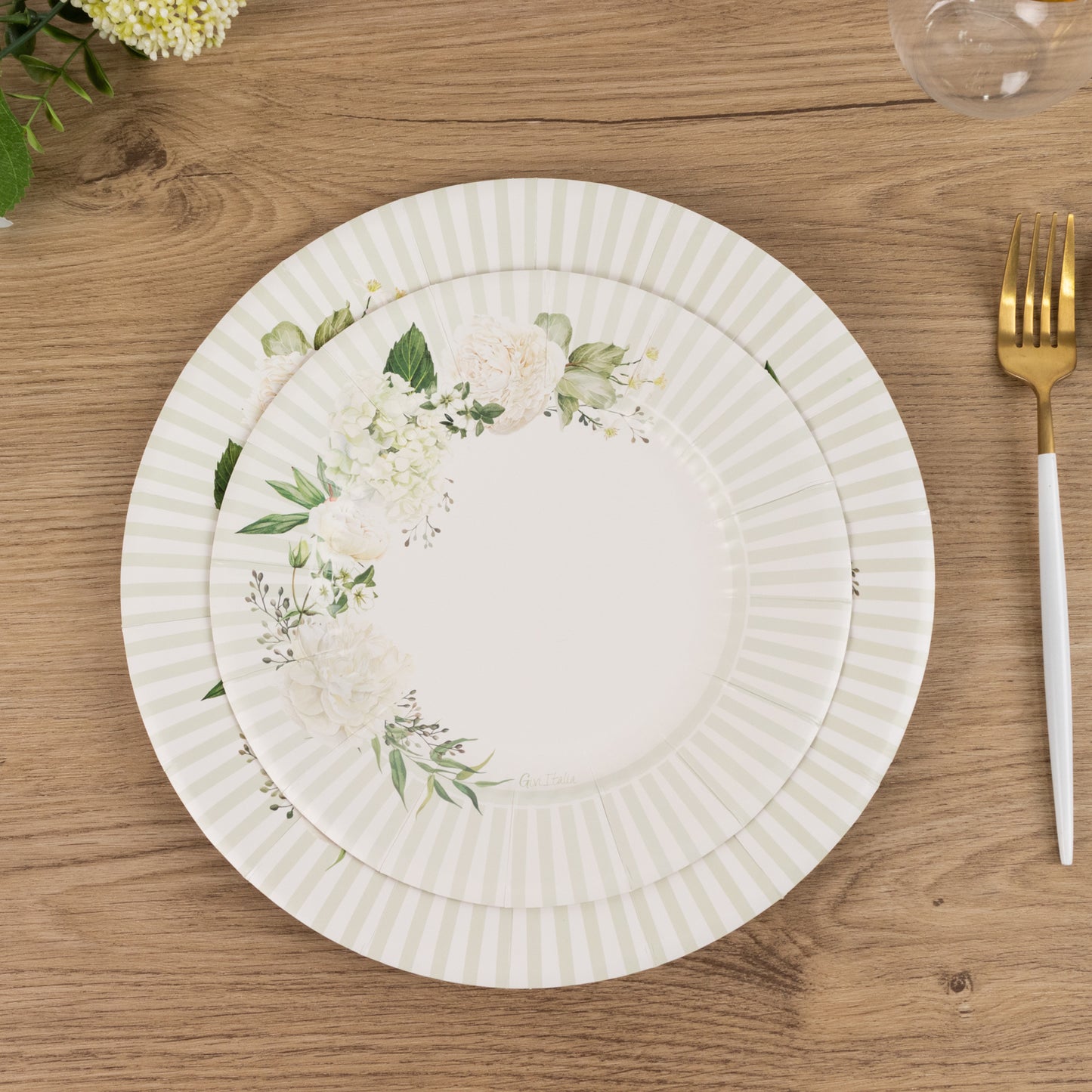 25 Pack White Sage Green Salad Paper Plates with Floral Lined Rim, Disposable Appetizer Dessert Plates - 8"