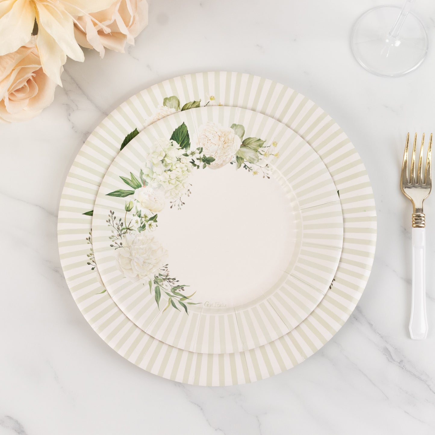 25 Pack White Sage Green Salad Paper Plates with Floral Lined Rim, Disposable Appetizer Dessert Plates - 8"