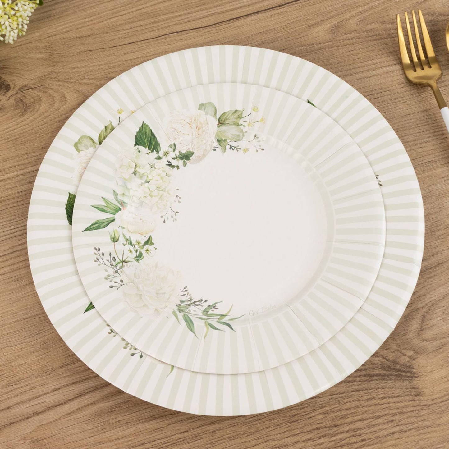 25 Pack White Sage Green Salad Paper Plates with Floral Lined Rim, Disposable Appetizer Dessert Plates - 8"