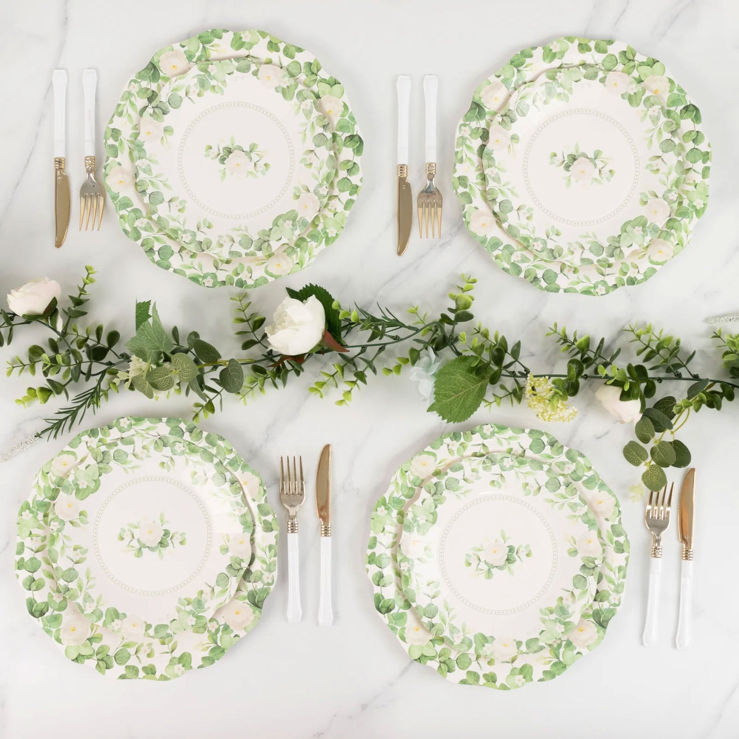 25 Pack White Floral Greenery Party Paper Plates with Scalloped Edge, 11" Disposable Dinner Plates