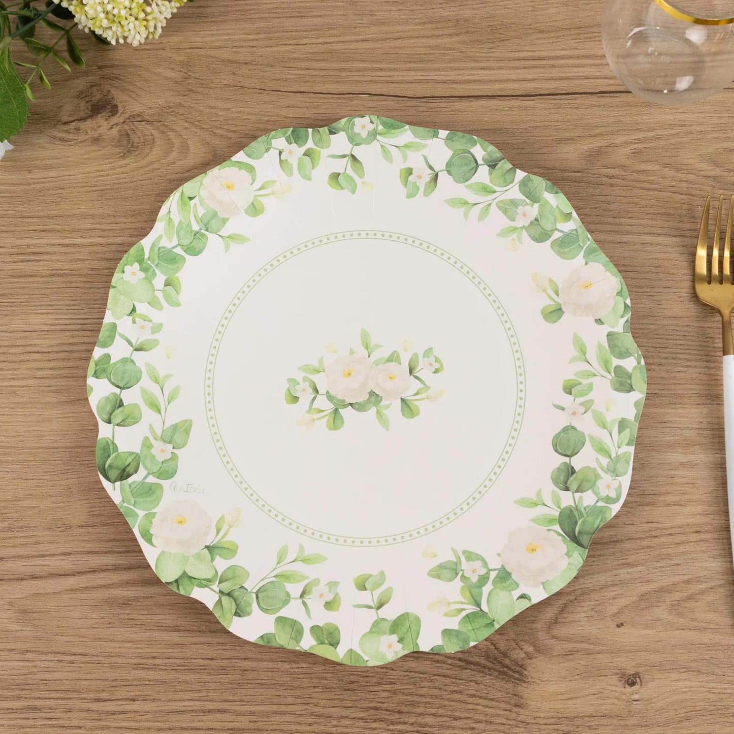 25 Pack White Floral Greenery Party Paper Plates with Scalloped Edge, 11" Disposable Dinner Plates