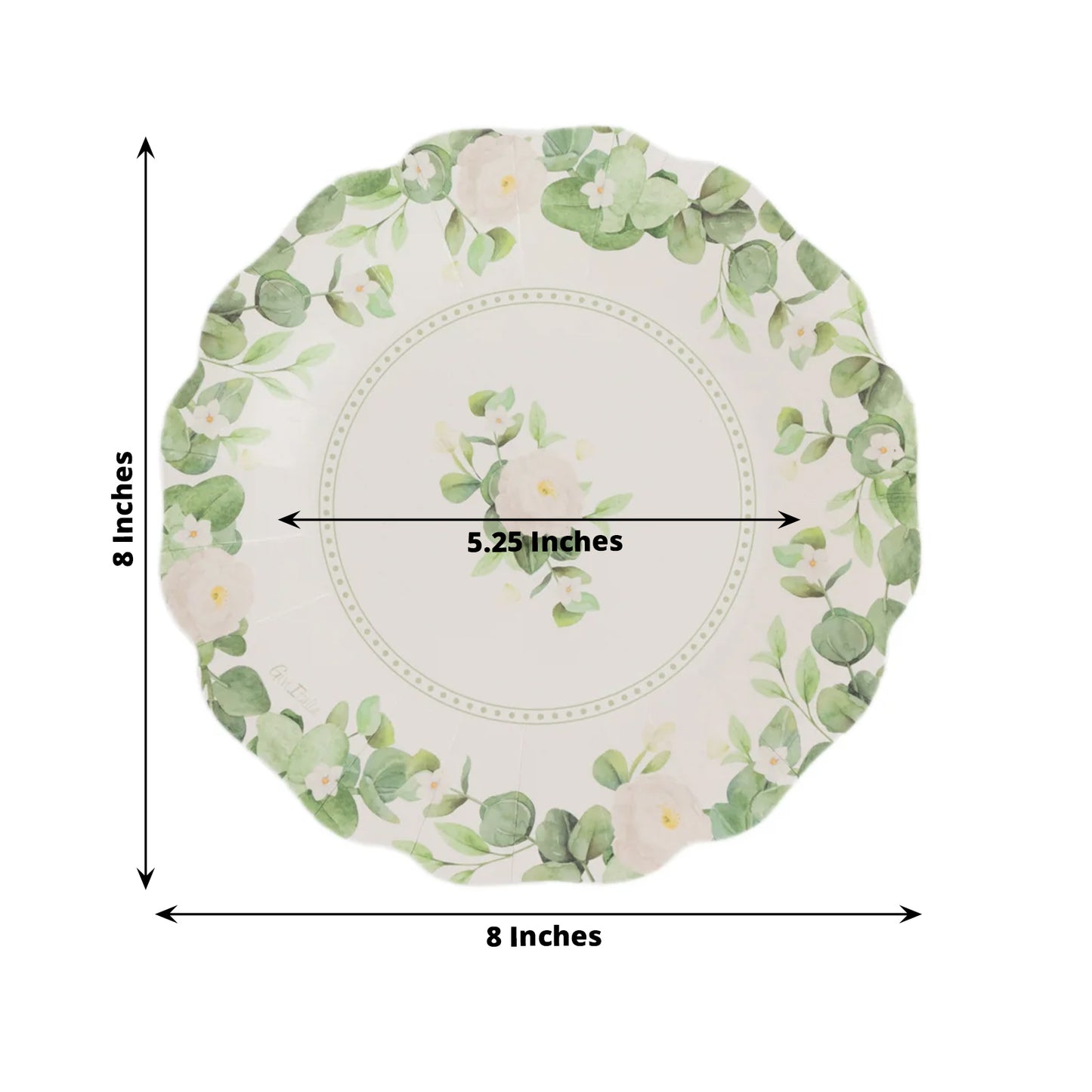 25 Pack White Floral Greenery Salad Paper Plates with Scalloped Edge, 8" Disposable Appetizer Dessert Plates