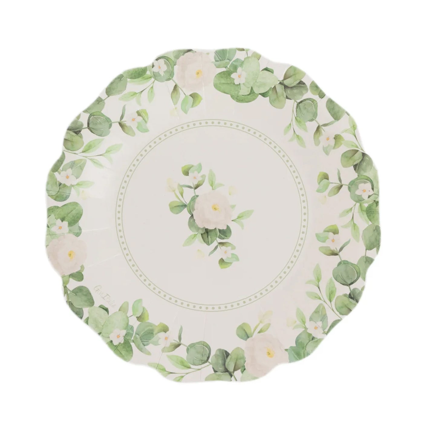 25 Pack White Floral Greenery Salad Paper Plates with Scalloped Edge, 8" Disposable Appetizer Dessert Plates