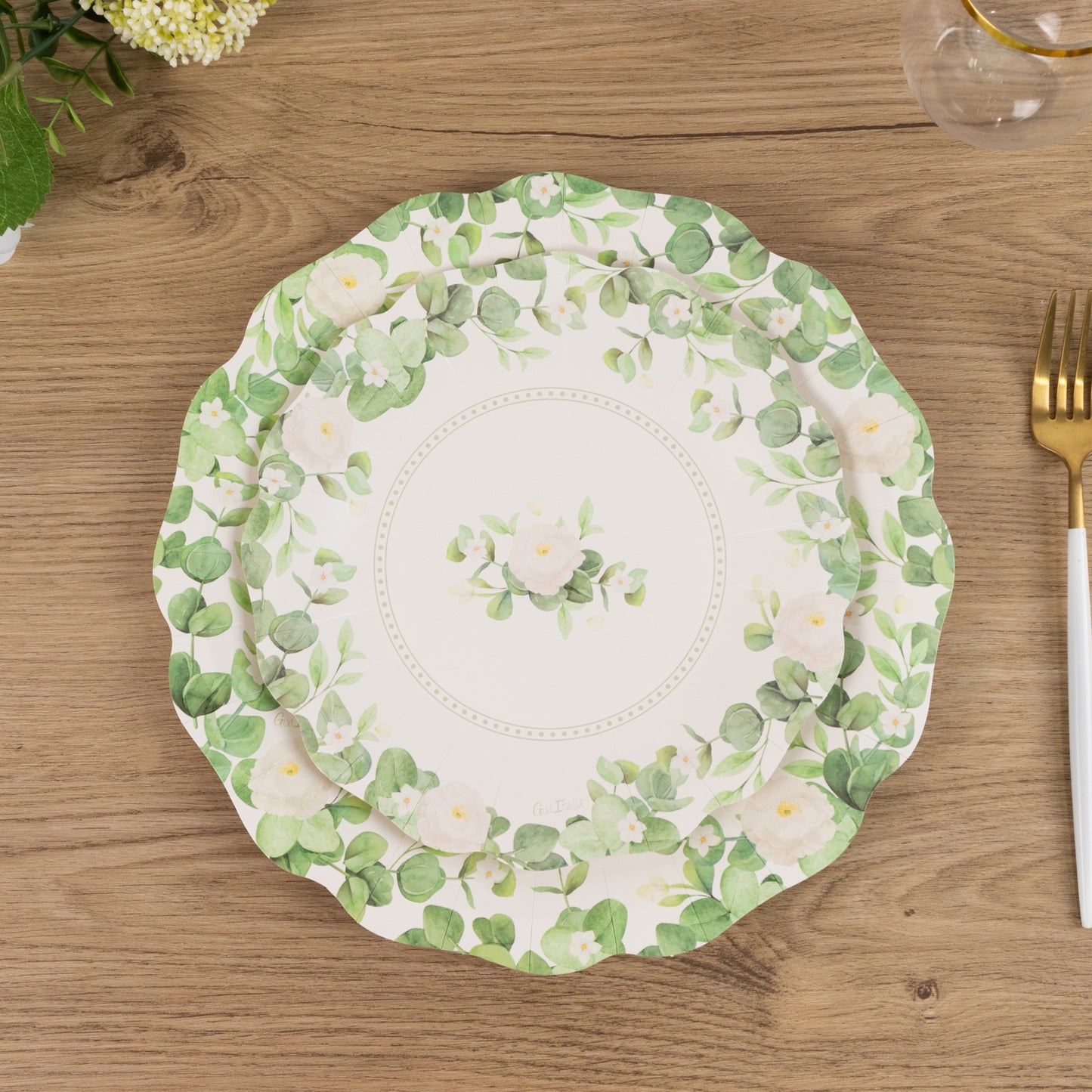 25 Pack White Floral Greenery Salad Paper Plates with Scalloped Edge, 8" Disposable Appetizer Dessert Plates