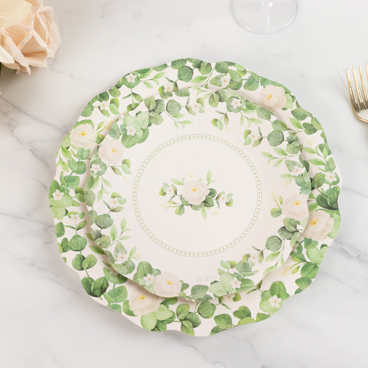 25 Pack White Floral Greenery Salad Paper Plates with Scalloped Edge, 8" Disposable Appetizer Dessert Plates