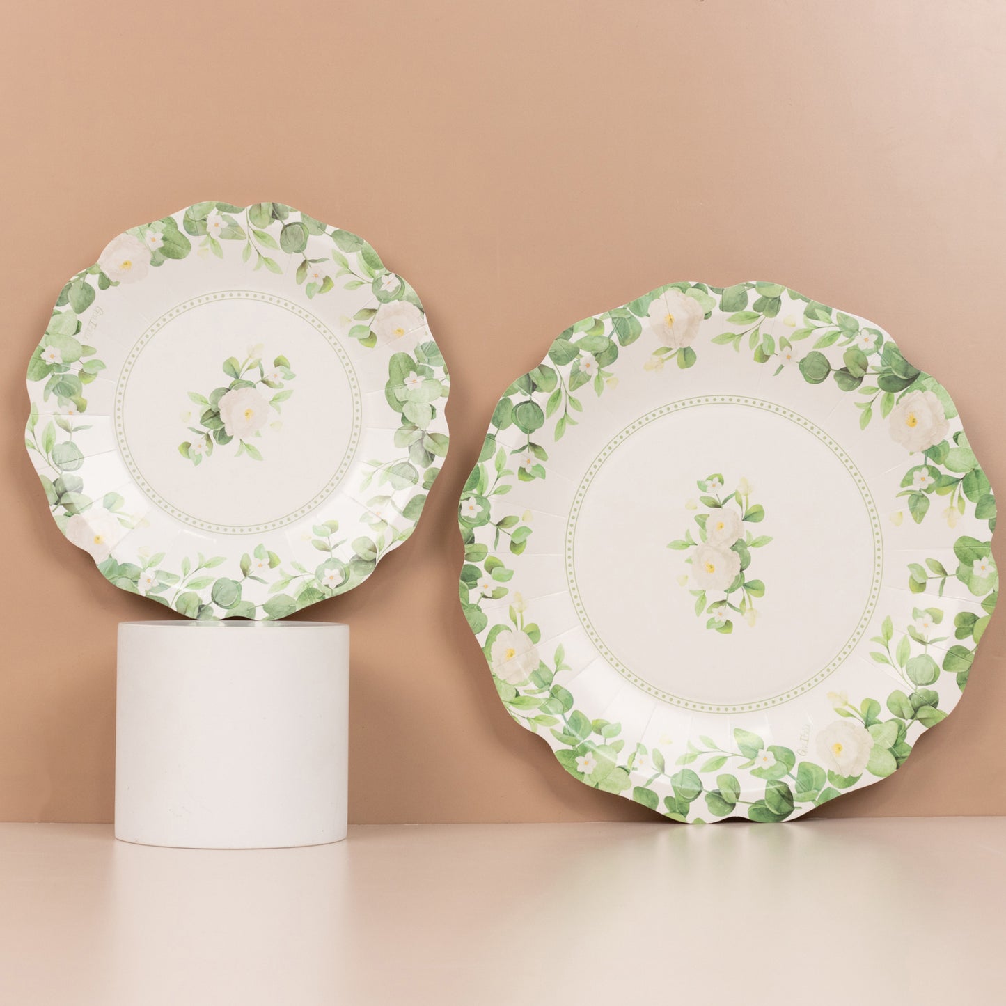 25 Pack White Floral Greenery Salad Paper Plates with Scalloped Edge, 8" Disposable Appetizer Dessert Plates