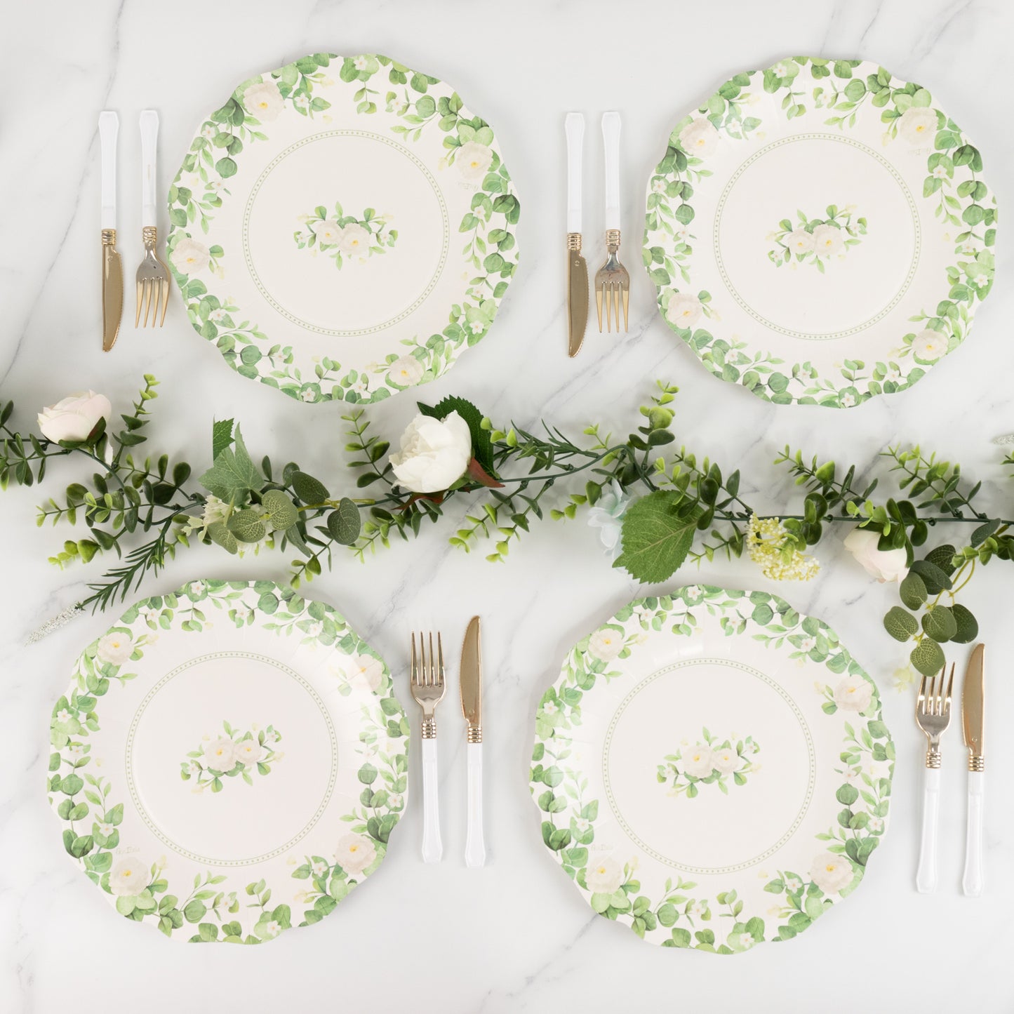 25 Pack White Floral Greenery Salad Paper Plates with Scalloped Edge, 8" Disposable Appetizer Dessert Plates