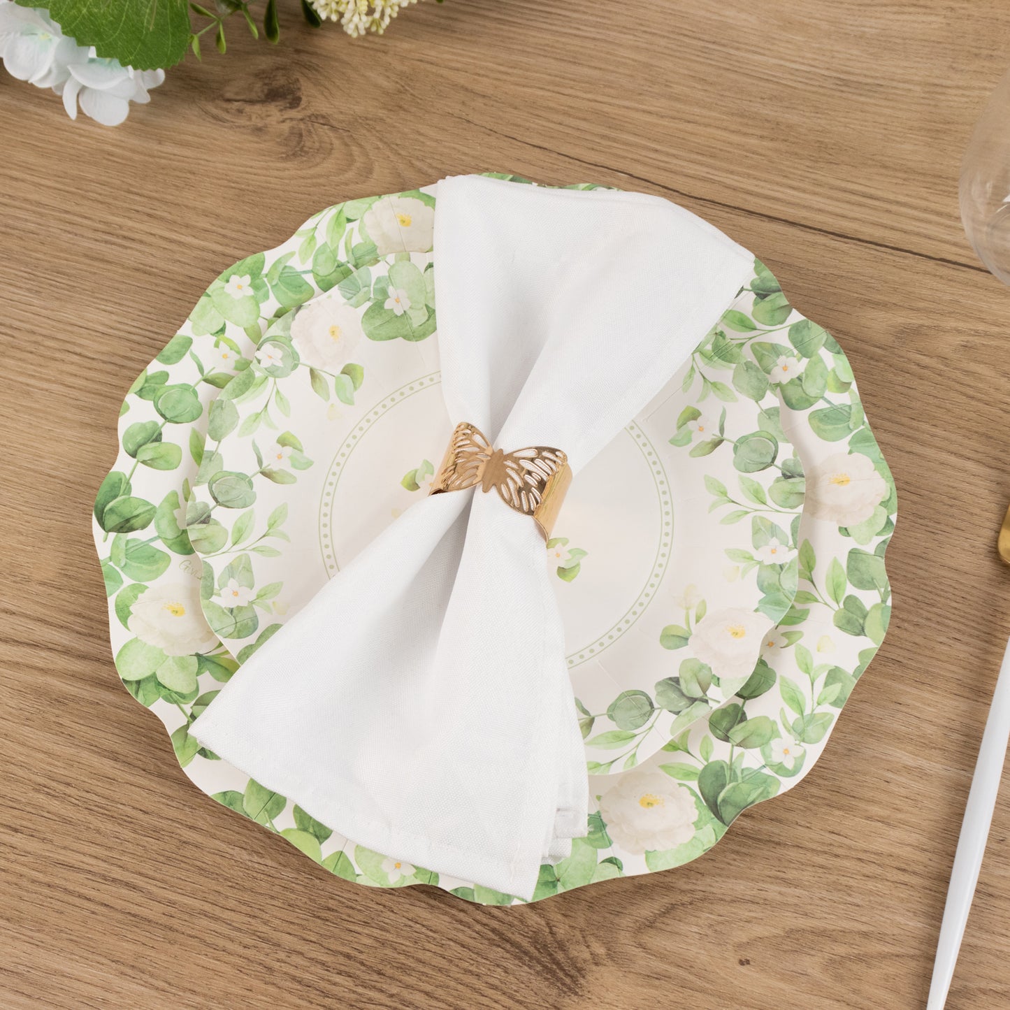 25 Pack White Floral Greenery Salad Paper Plates with Scalloped Edge, 8" Disposable Appetizer Dessert Plates