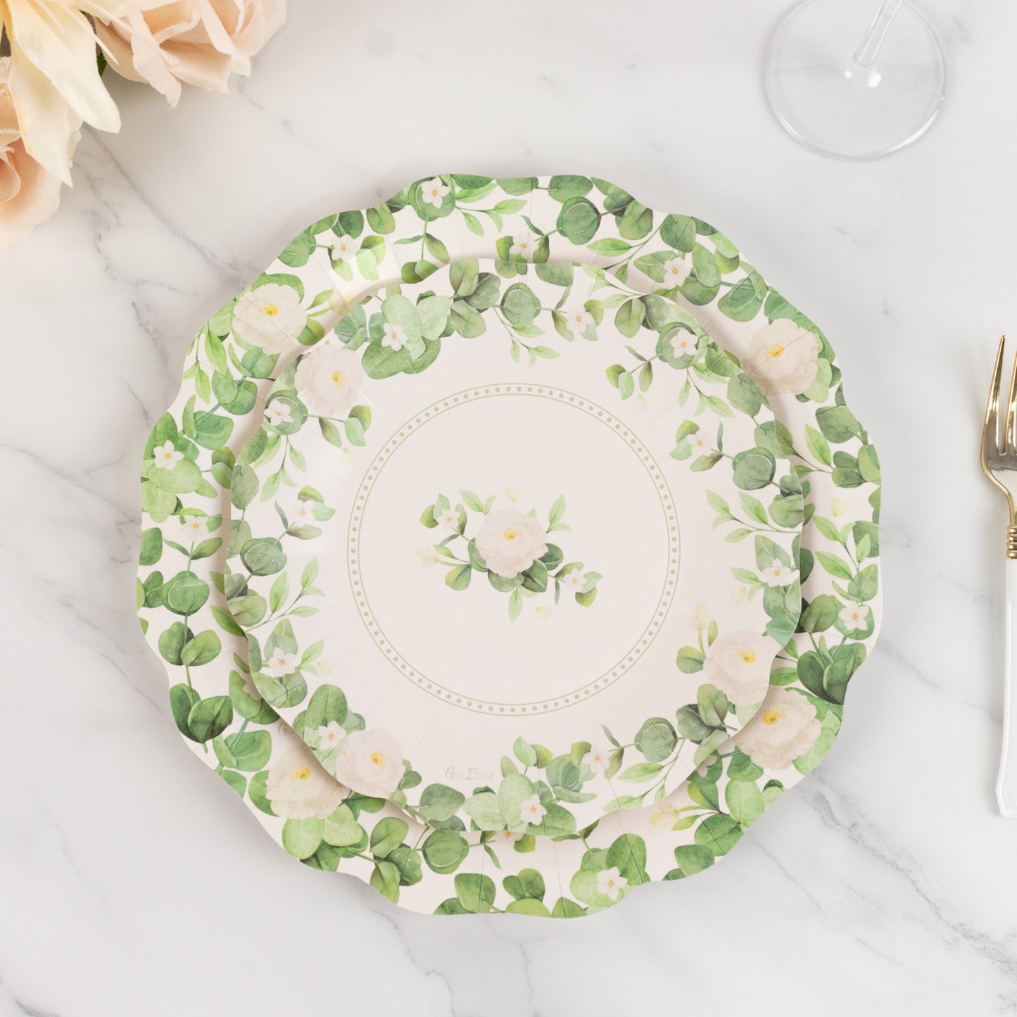 25 Pack White Floral Greenery Salad Paper Plates with Scalloped Edge, 8" Disposable Appetizer Dessert Plates