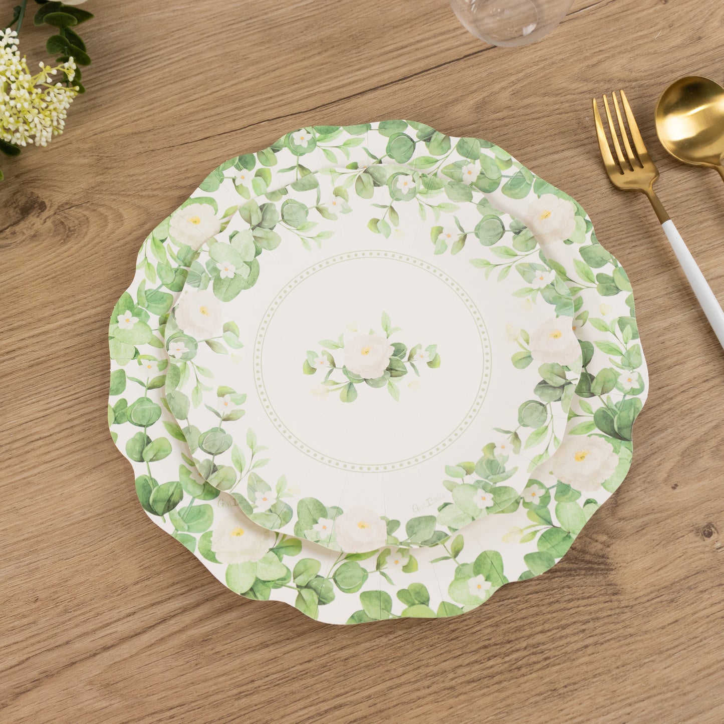 25 Pack White Floral Greenery Salad Paper Plates with Scalloped Edge, 8" Disposable Appetizer Dessert Plates