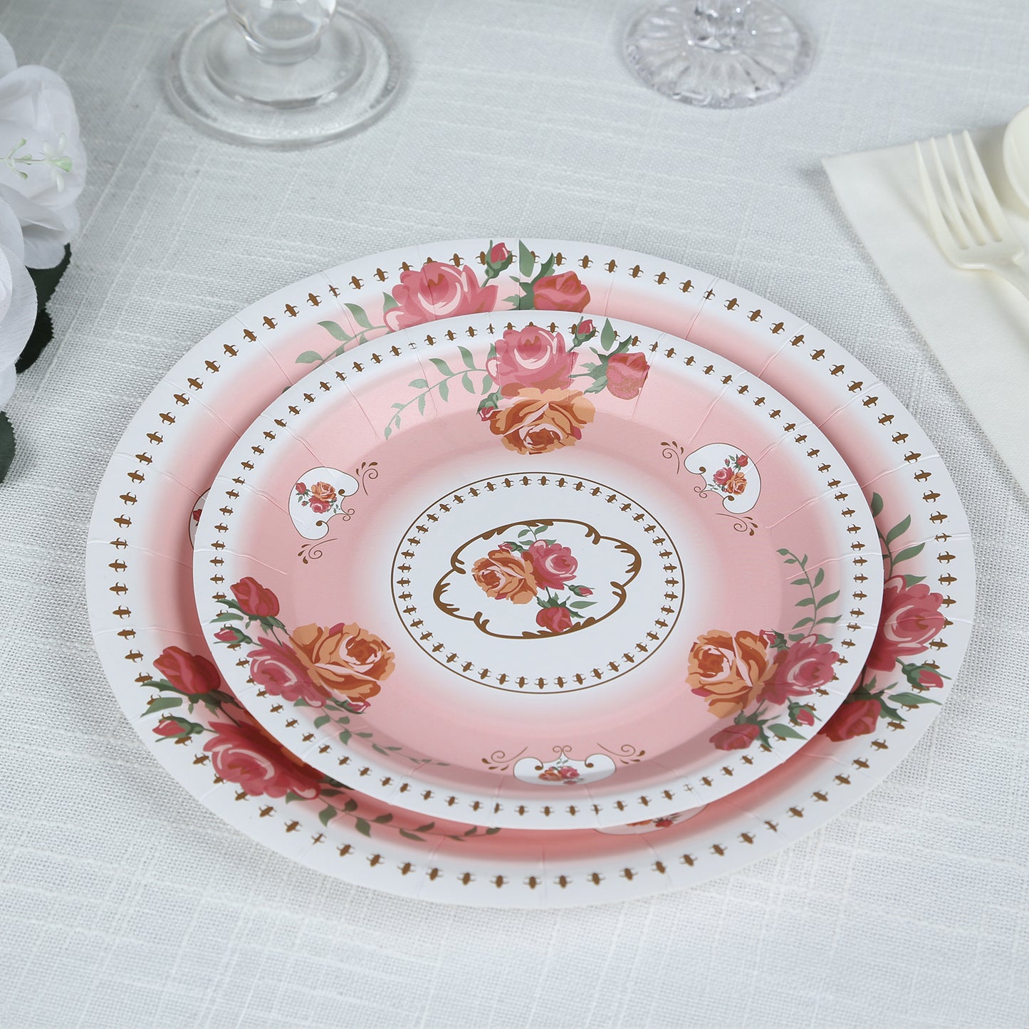 25 Pack Dusty Rose Round Floral Paper Salad Plates, Disposable Tea Party Appetizer Dessert Plates with Rose Flowers Print - 7"