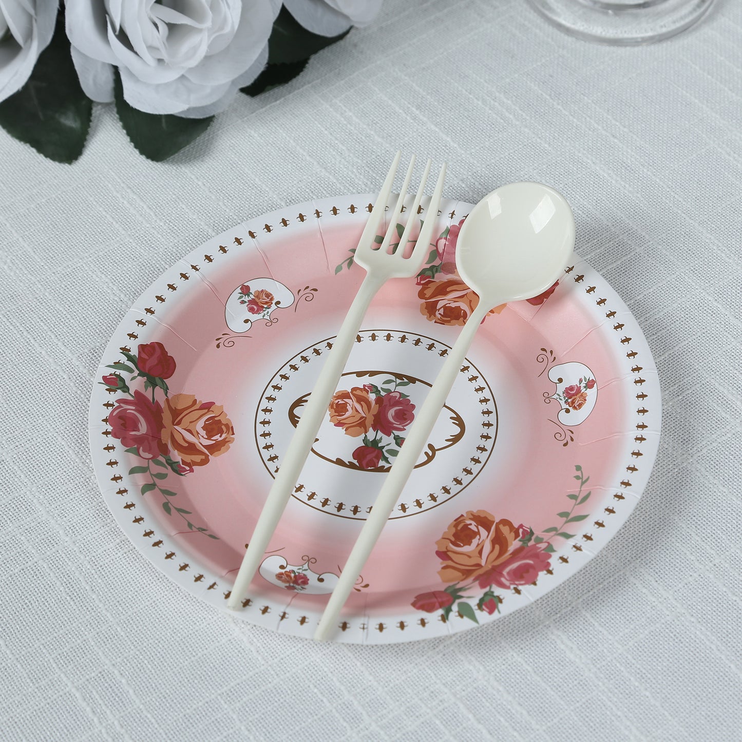 25 Pack Dusty Rose Round Floral Paper Salad Plates, Disposable Tea Party Appetizer Dessert Plates with Rose Flowers Print - 7"